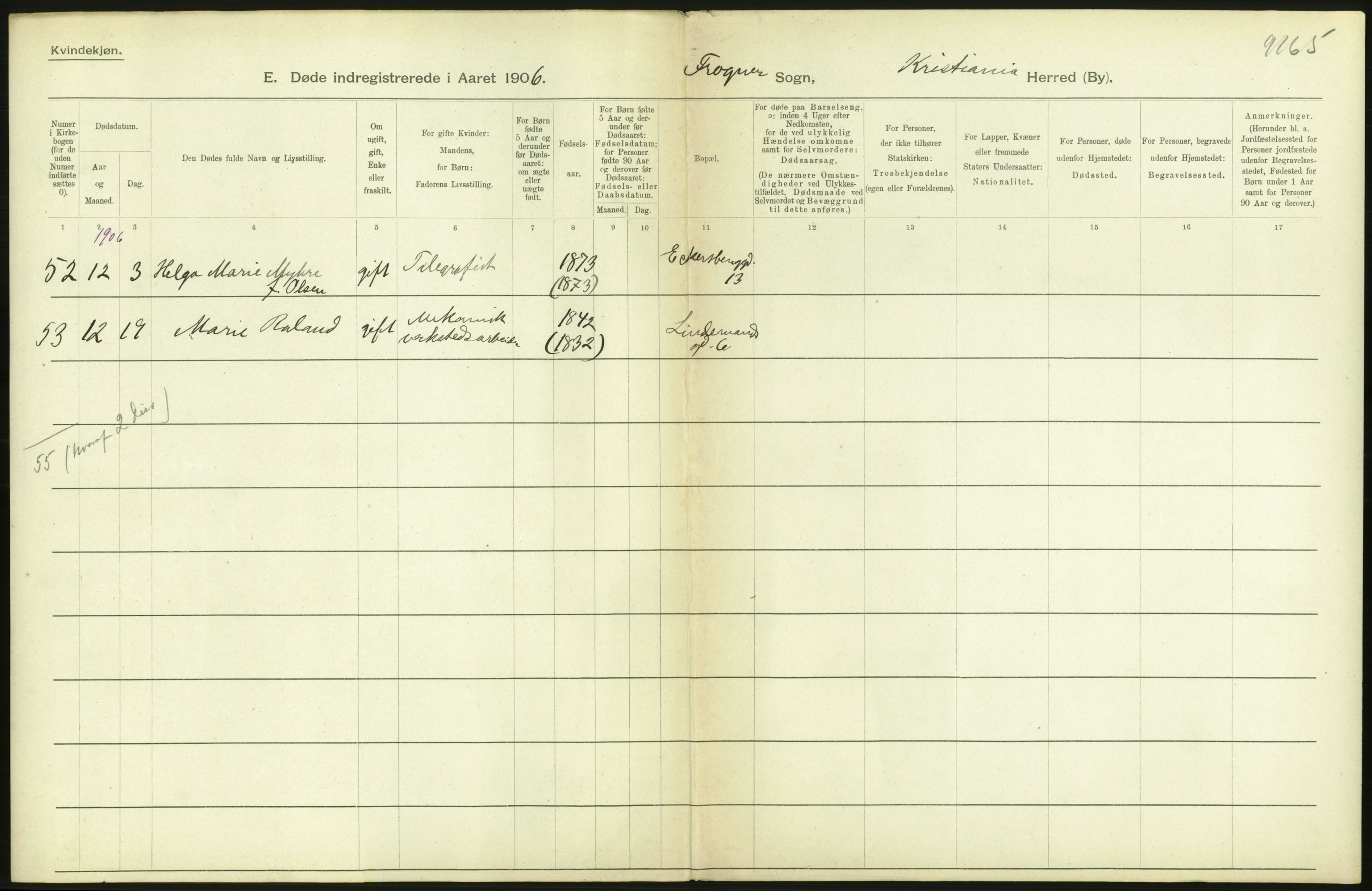 Statistisk sentralbyrå, Sosiodemografiske emner, Befolkning, RA/S-2228/D/Df/Dfa/Dfad/L0009: Kristiania: Døde, 1906, s. 436