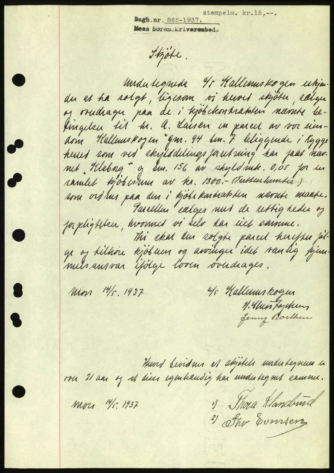 Moss sorenskriveri, SAO/A-10168: Pantebok nr. A2, 1936-1937, Dagboknr: 865/1937