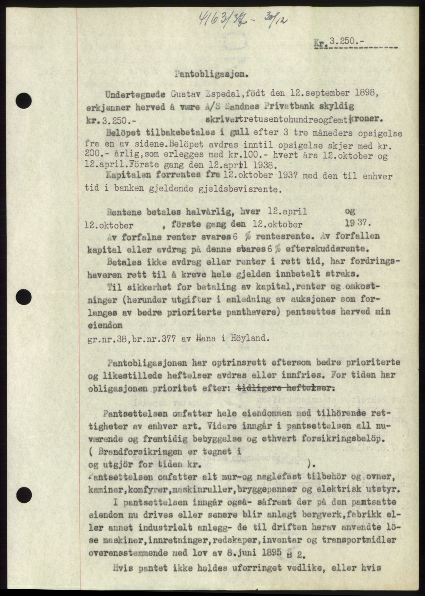 Jæren sorenskriveri, SAST/A-100310/03/G/Gba/L0069: Pantebok, 1937-1937, Dagboknr: 4163/1937