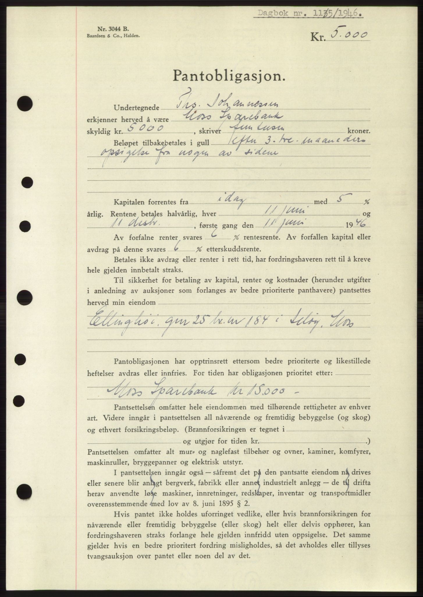 Moss sorenskriveri, SAO/A-10168: Pantebok nr. B15, 1946-1946, Dagboknr: 1135/1946