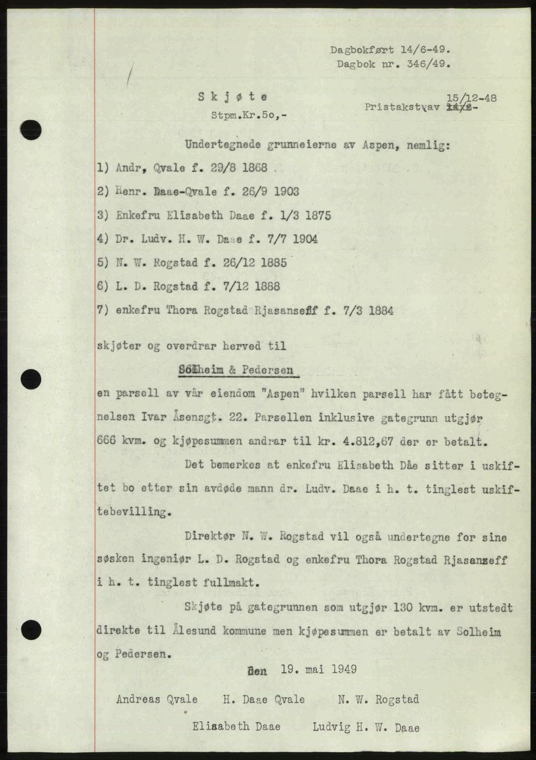 Ålesund byfogd, AV/SAT-A-4384: Pantebok nr. 37A (1), 1947-1949, Dagboknr: 346/1949