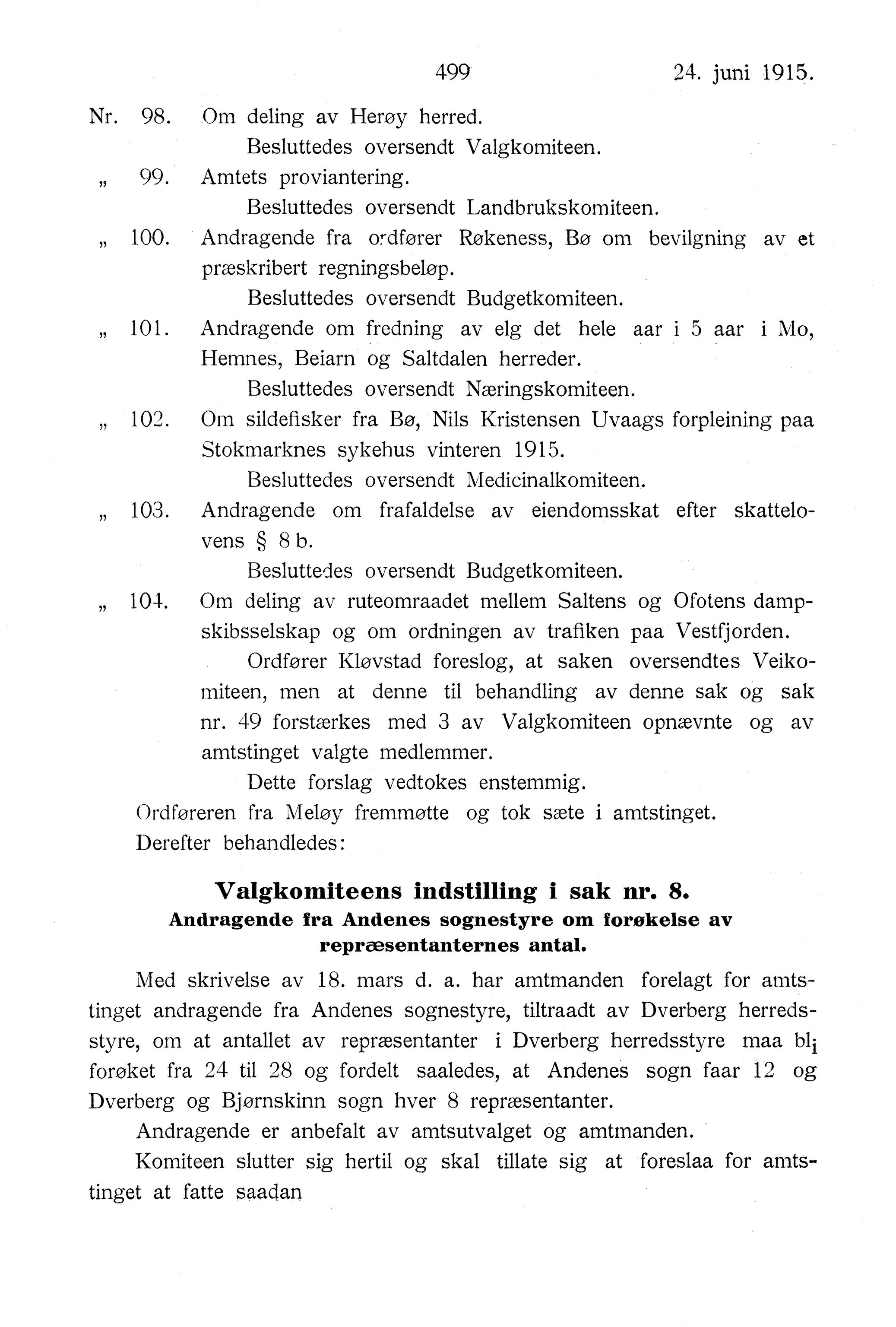 Nordland Fylkeskommune. Fylkestinget, AIN/NFK-17/176/A/Ac/L0038: Fylkestingsforhandlinger 1915, 1915