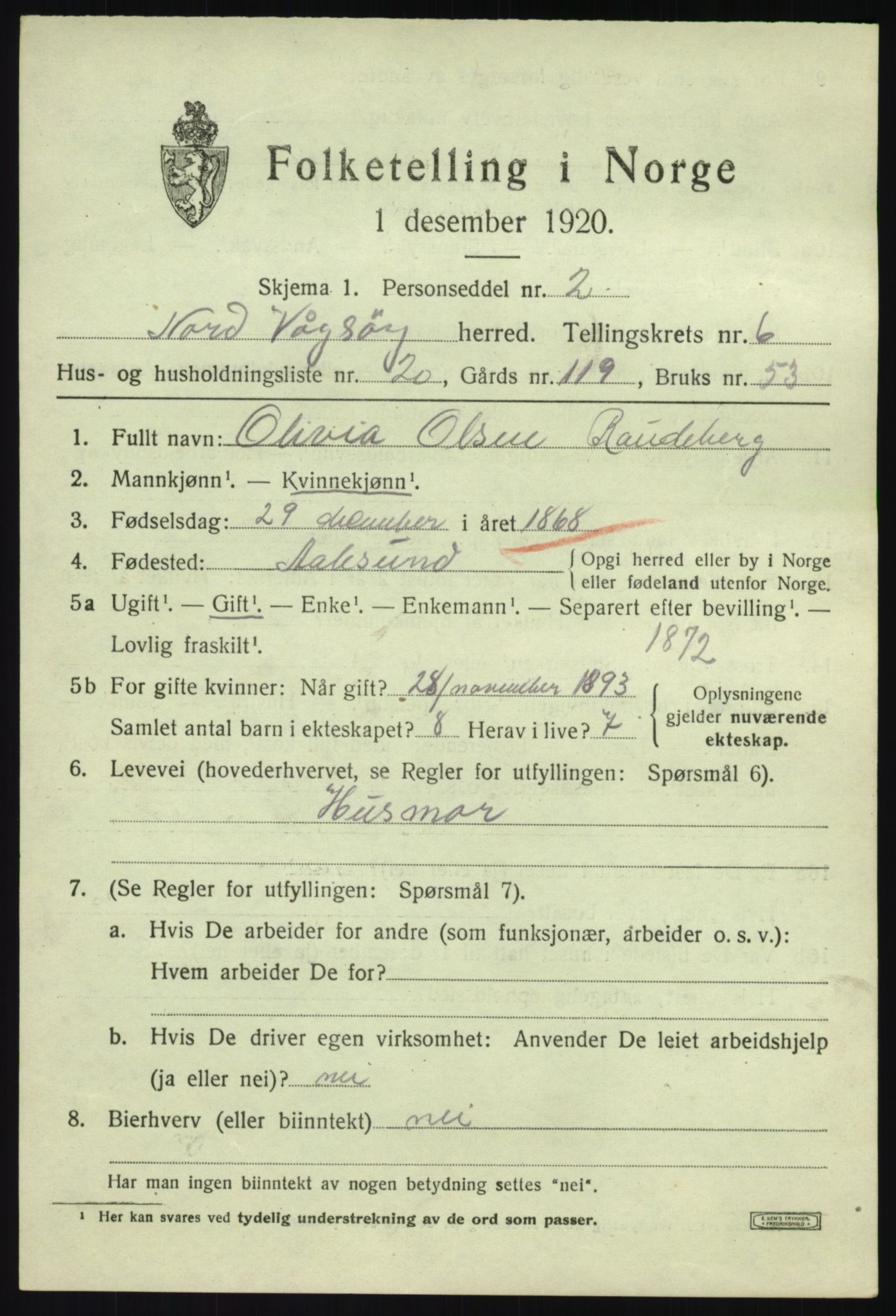 SAB, Folketelling 1920 for 1440 Nord-Vågsøy herred, 1920, s. 2476