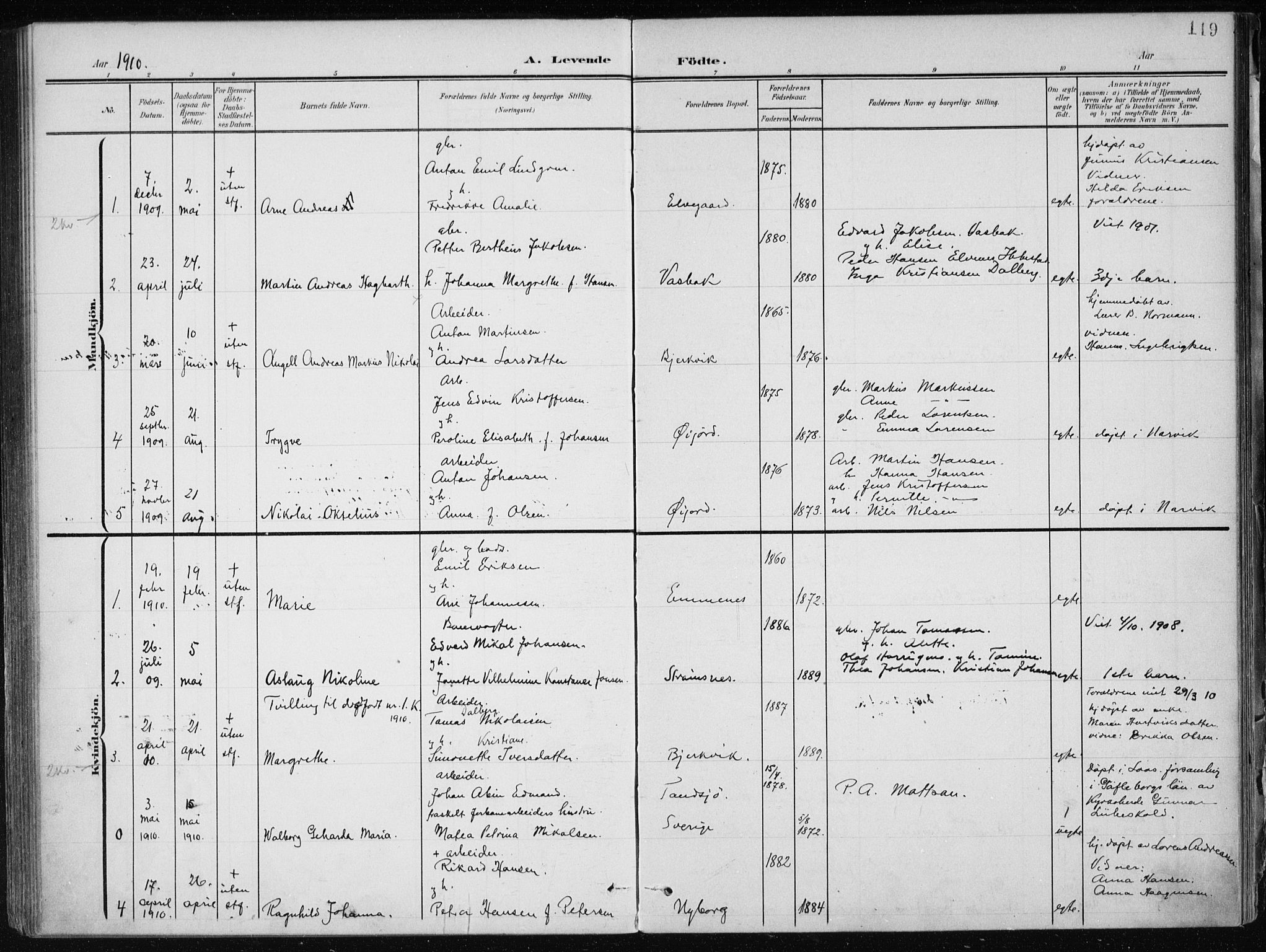 Ministerialprotokoller, klokkerbøker og fødselsregistre - Nordland, SAT/A-1459/866/L0941: Ministerialbok nr. 866A04, 1901-1917, s. 119