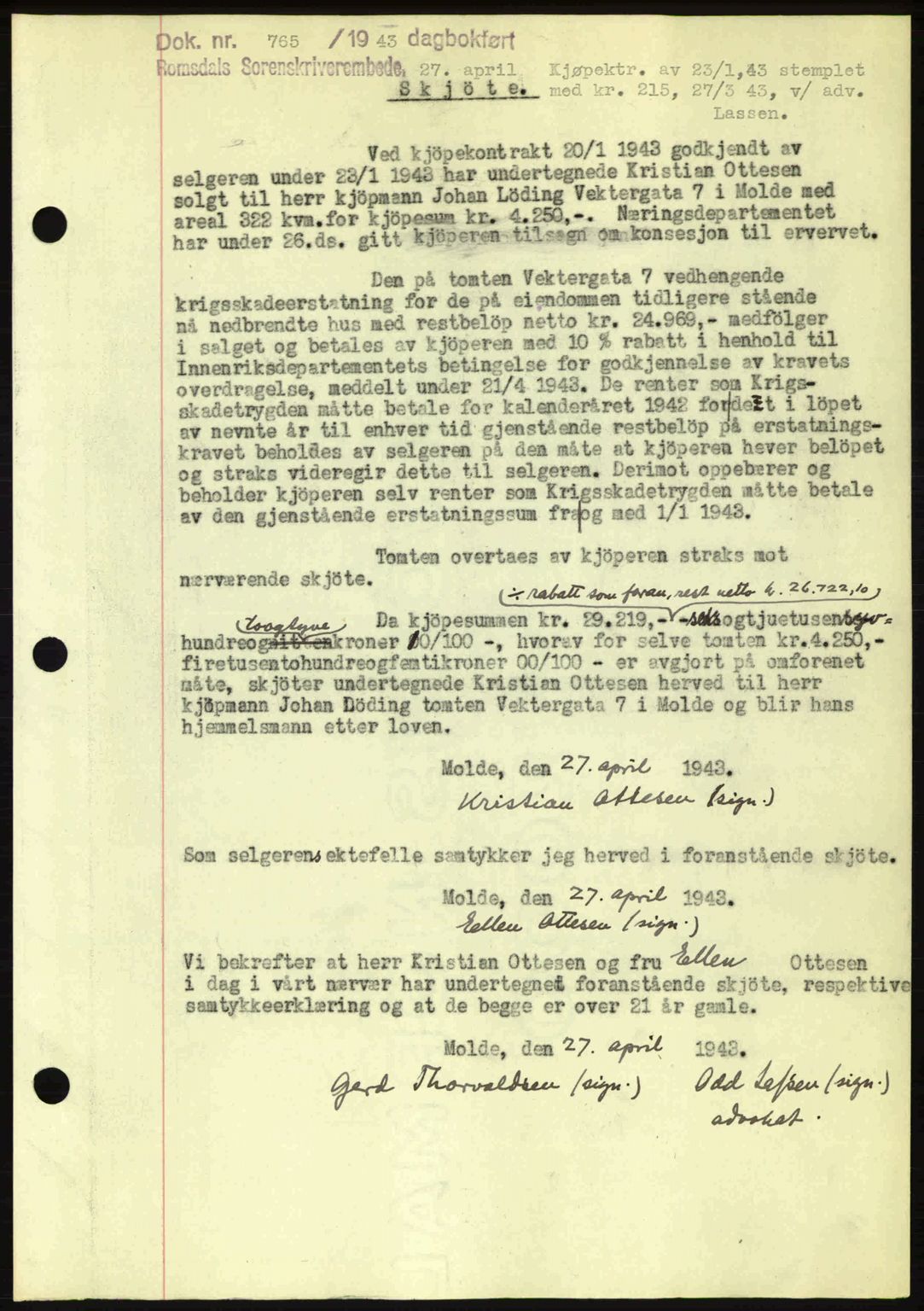 Romsdal sorenskriveri, SAT/A-4149/1/2/2C: Pantebok nr. A14, 1943-1943, Dagboknr: 765/1943