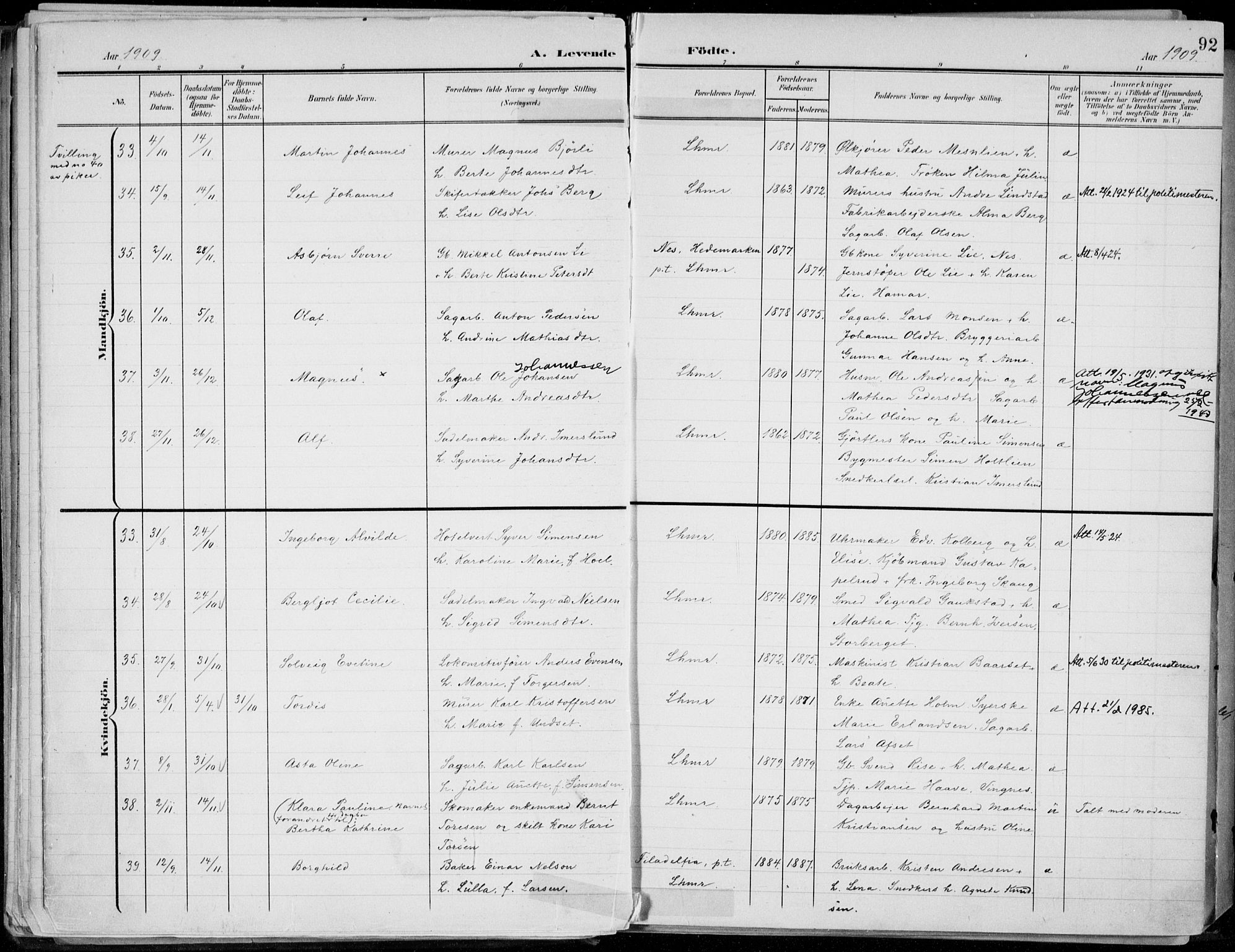 Lillehammer prestekontor, AV/SAH-PREST-088/H/Ha/Haa/L0001: Ministerialbok nr. 1, 1901-1916, s. 92