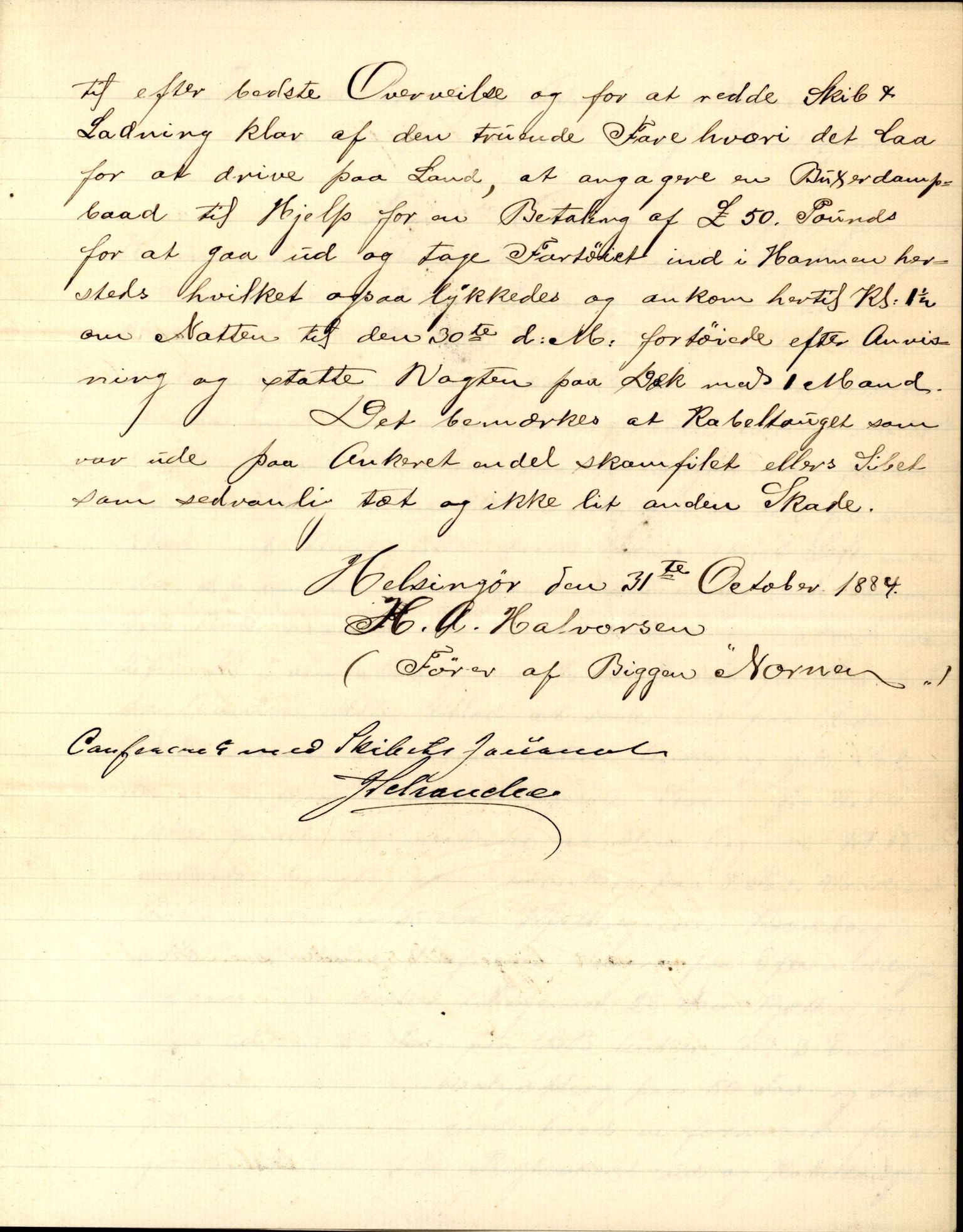 Pa 63 - Østlandske skibsassuranceforening, VEMU/A-1079/G/Ga/L0017/0012: Havaridokumenter / Nordlyset, Nornen, Freden, Freia, Victoria, 1884, s. 5