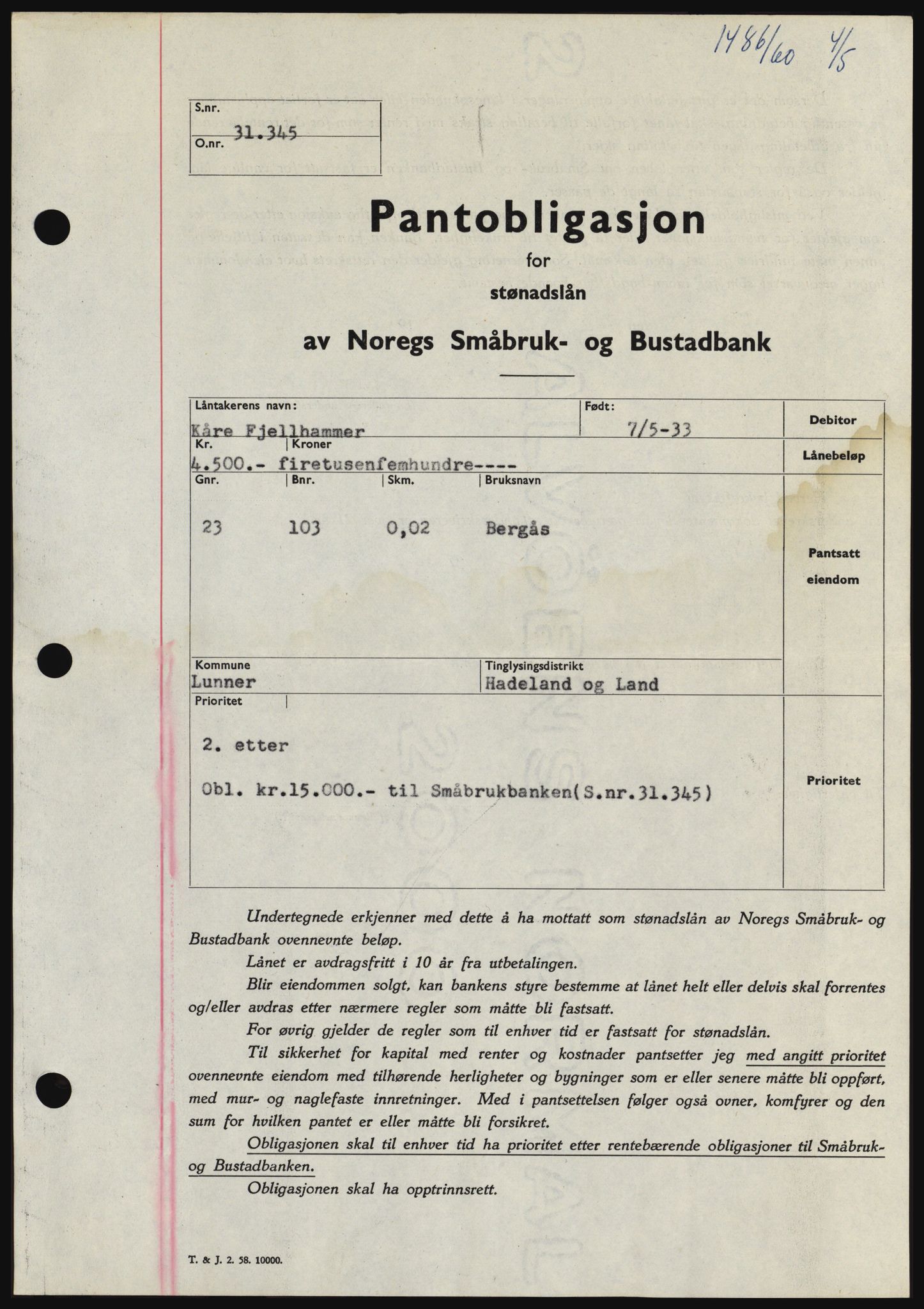 Hadeland og Land tingrett, SAH/TING-010/H/Hb/Hbc/L0042: Pantebok nr. B42, 1959-1960, Dagboknr: 1486/1960