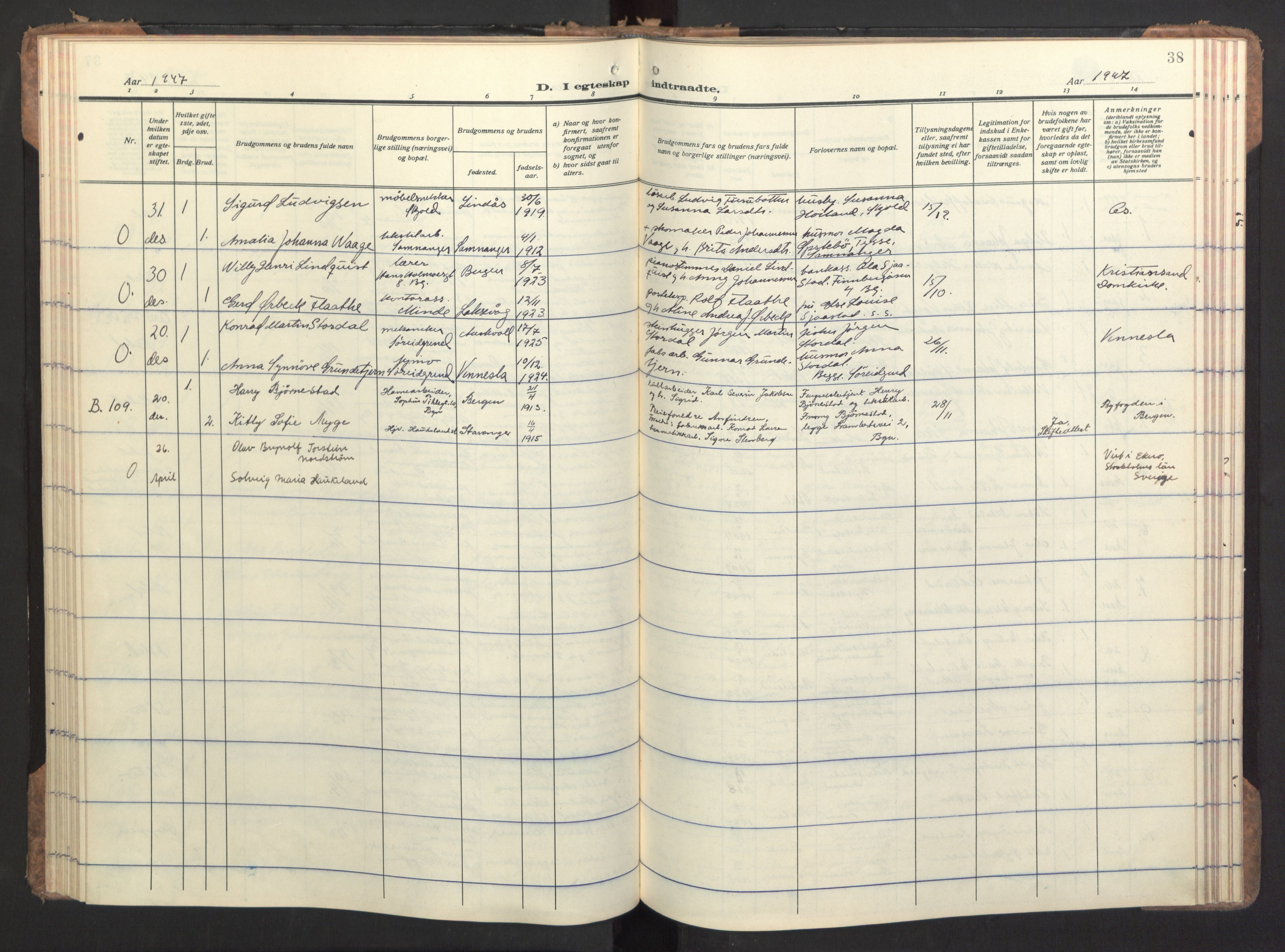 Birkeland Sokneprestembete, AV/SAB-A-74601/H/Haa/Haac/L0001: Ministerialbok nr. C 1, 1944-1954, s. 38