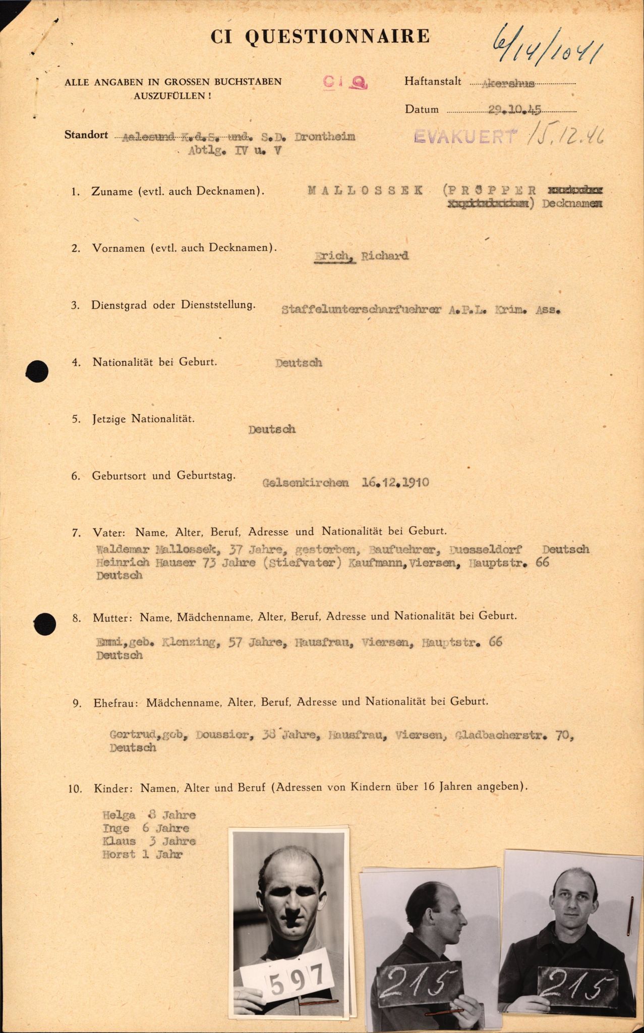 Forsvaret, Forsvarets overkommando II, AV/RA-RAFA-3915/D/Db/L0021: CI Questionaires. Tyske okkupasjonsstyrker i Norge. Tyskere., 1945-1946, s. 106