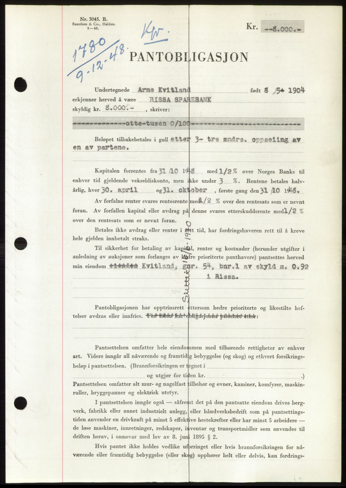Fosen sorenskriveri, AV/SAT-A-1107/1/2/2C: Pantebok nr. B, 1948-1950, Dagboknr: 1780/1948