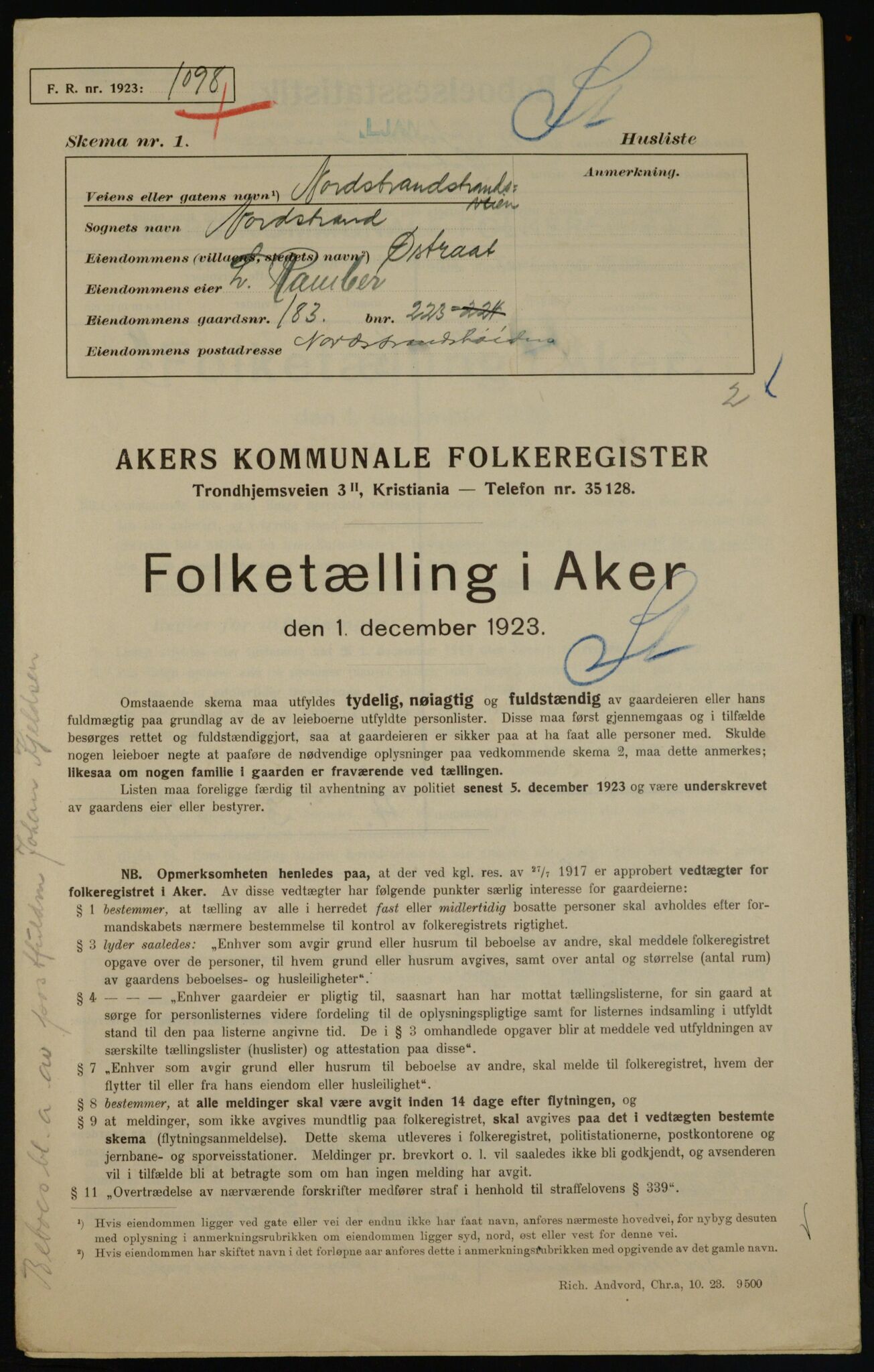 , Kommunal folketelling 1.12.1923 for Aker, 1923, s. 43051