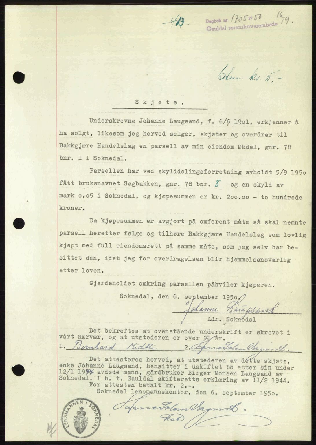 Gauldal sorenskriveri, SAT/A-0014/1/2/2C: Pantebok nr. A11, 1950-1950, Dagboknr: 1705/1950