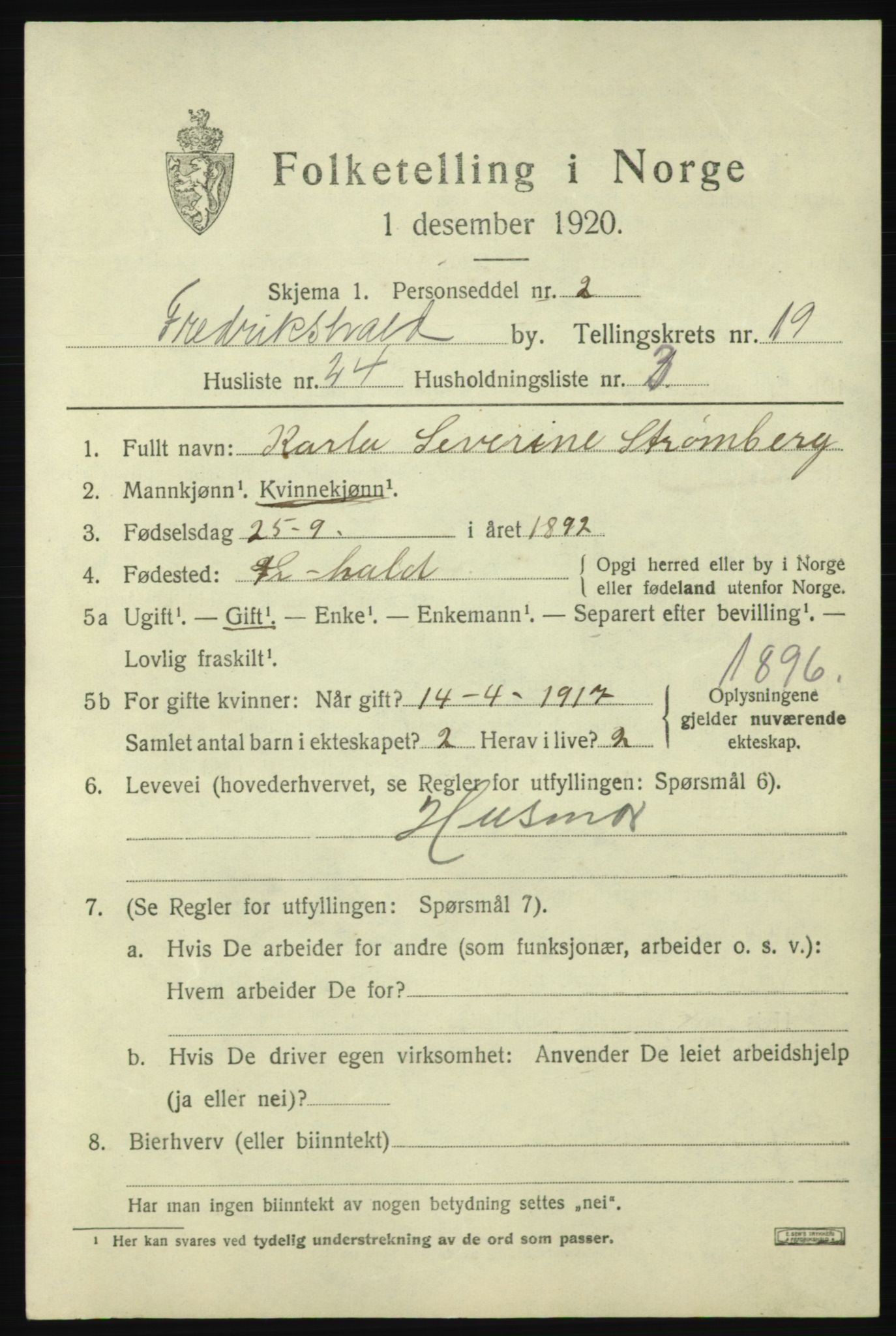 SAO, Folketelling 1920 for 0101 Fredrikshald kjøpstad, 1920, s. 28836
