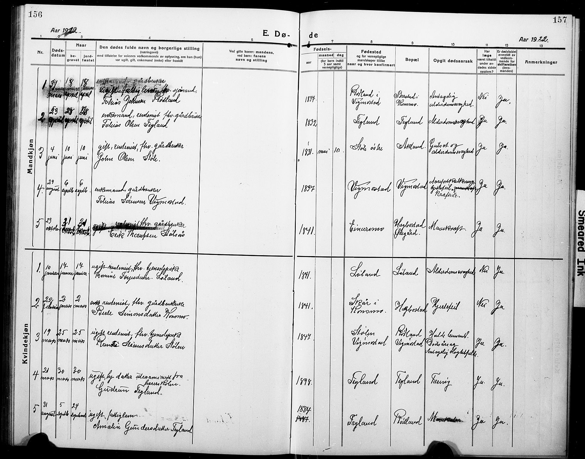 Nord-Audnedal sokneprestkontor, SAK/1111-0032/F/Fb/Fbb/L0005: Klokkerbok nr. B 5, 1918-1929, s. 156-157