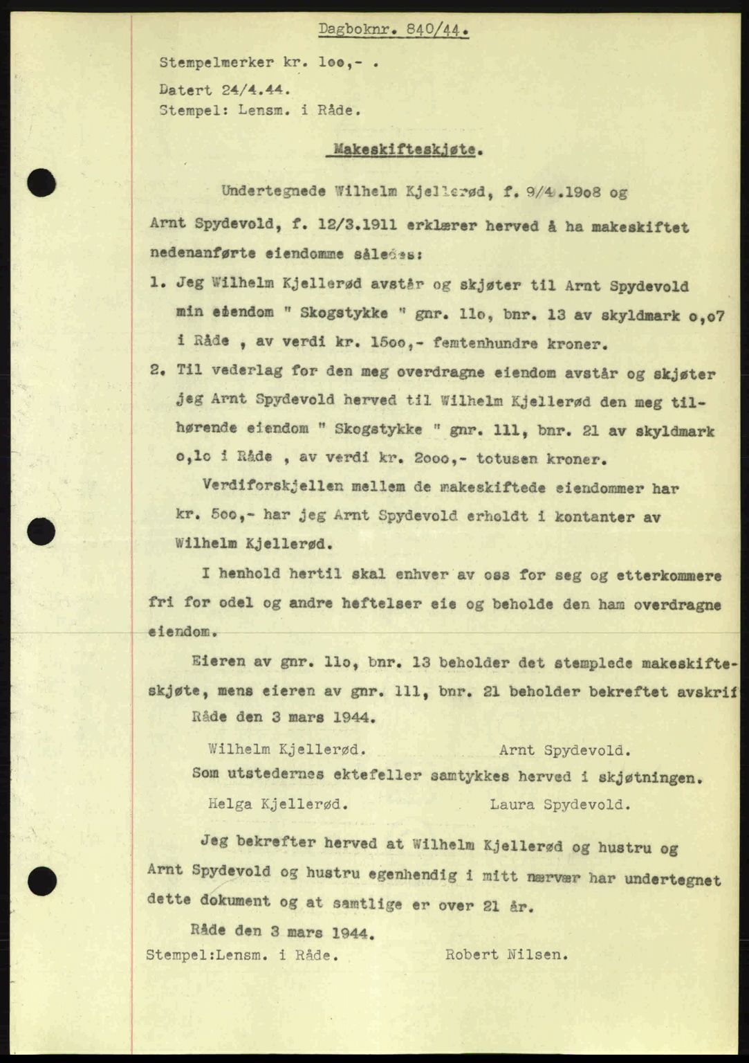 Moss sorenskriveri, SAO/A-10168: Pantebok nr. A12, 1943-1944, Dagboknr: 840/1944