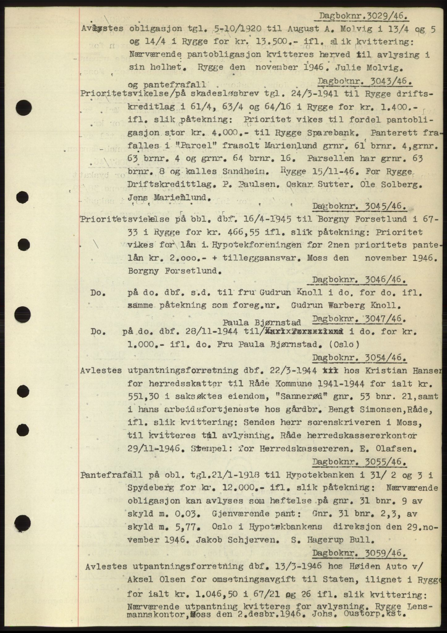 Moss sorenskriveri, SAO/A-10168: Pantebok nr. C10, 1938-1950, Dagboknr: 3029/1946