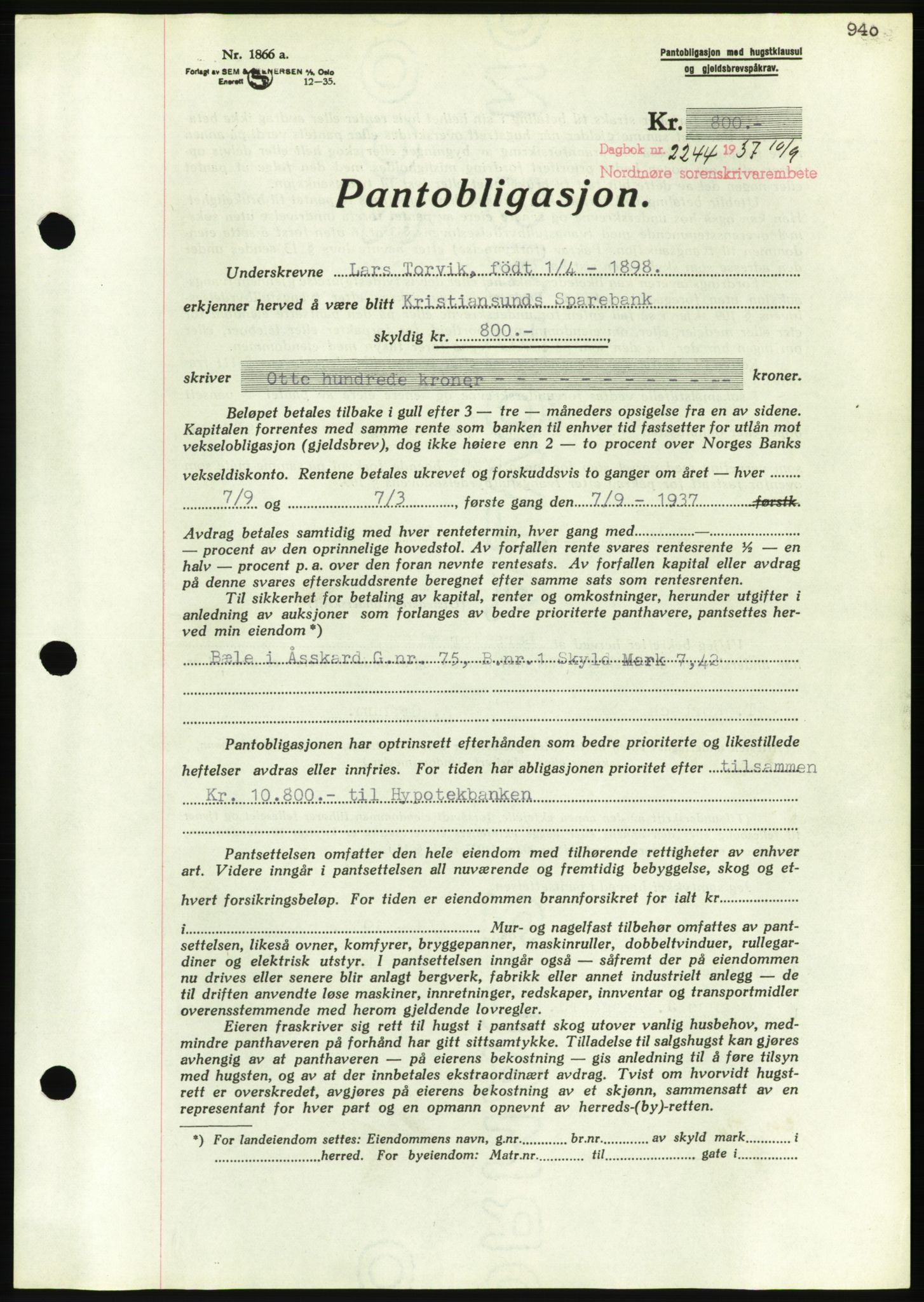 Nordmøre sorenskriveri, AV/SAT-A-4132/1/2/2Ca/L0091: Pantebok nr. B81, 1937-1937, Dagboknr: 2244/1937