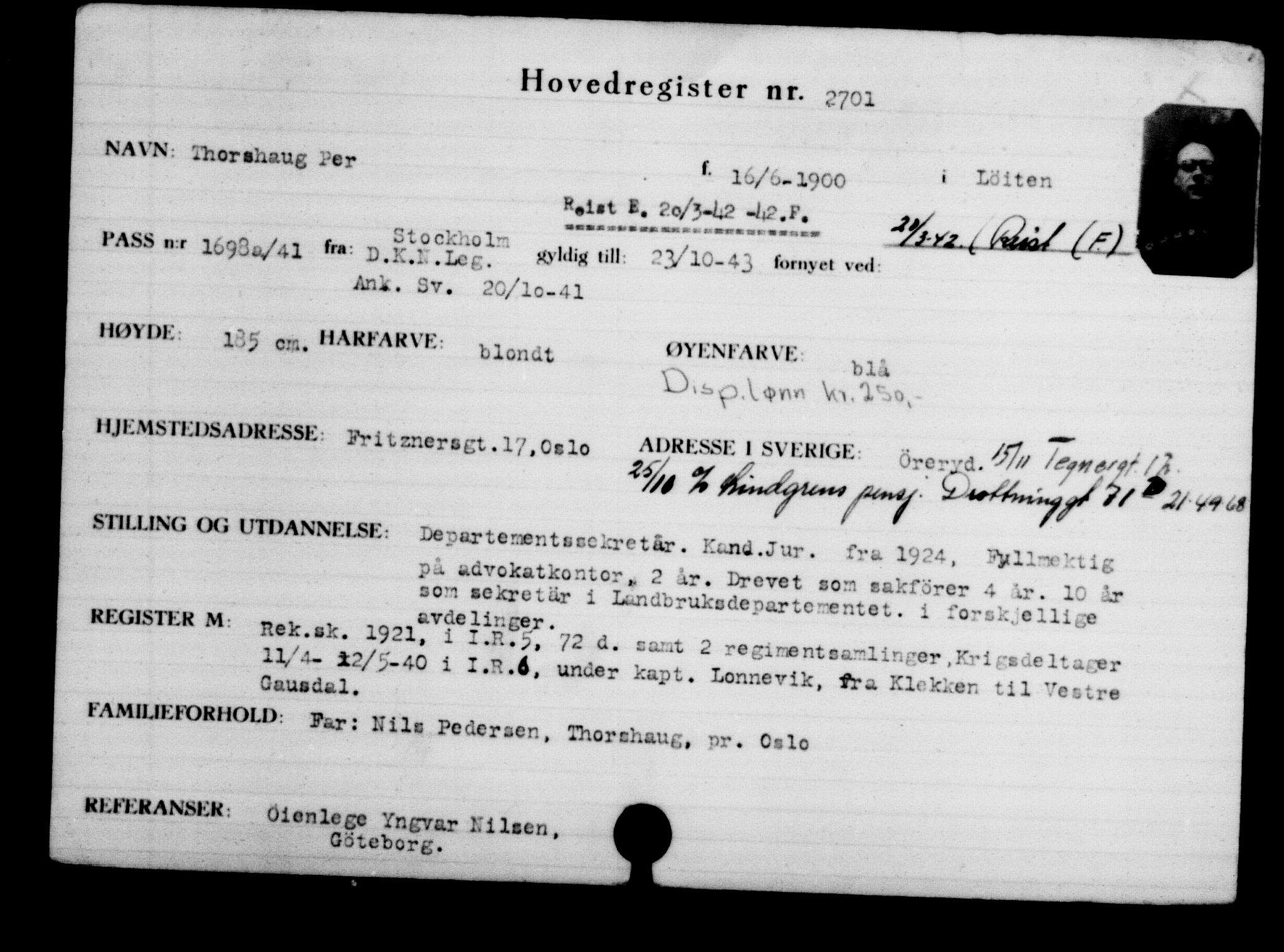 Utenriksstasjonene, Legasjonen i Stockholm, Flyktningkontoret, AV/RA-S-6753/V/Va/L0003: Kjesäterkartoteket, flyktninger med registreringsnr. 2001-3495, 1940-1945, s. 1080