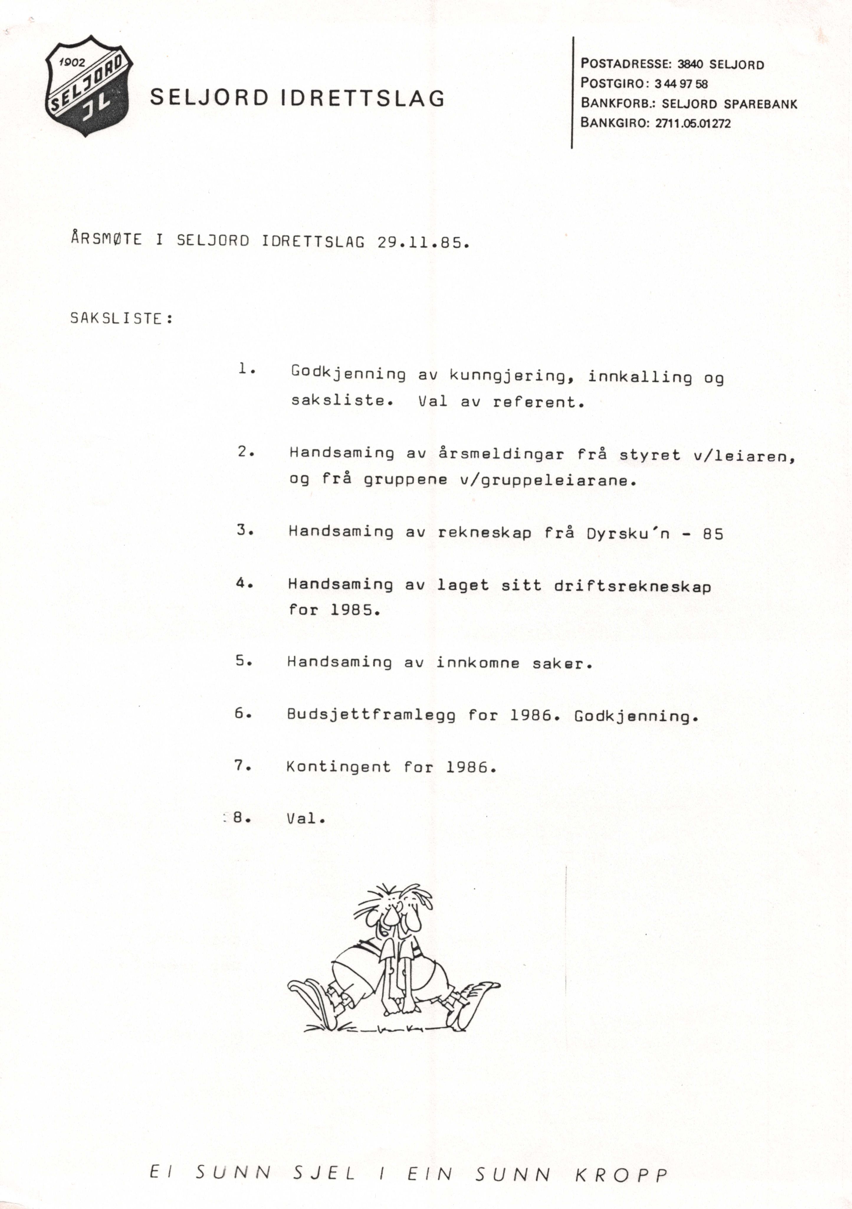Seljord Idrettslag, VTM/A-1034/A/Ab/L0001: Årsmeldingar, 1985
