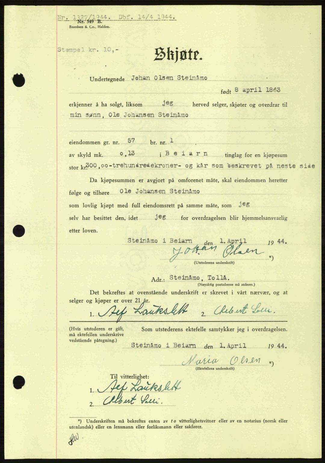 Salten sorenskriveri, SAT/A-4578/1/2/2C: Pantebok nr. A14-15, 1943-1945, Dagboknr: 1327/1944