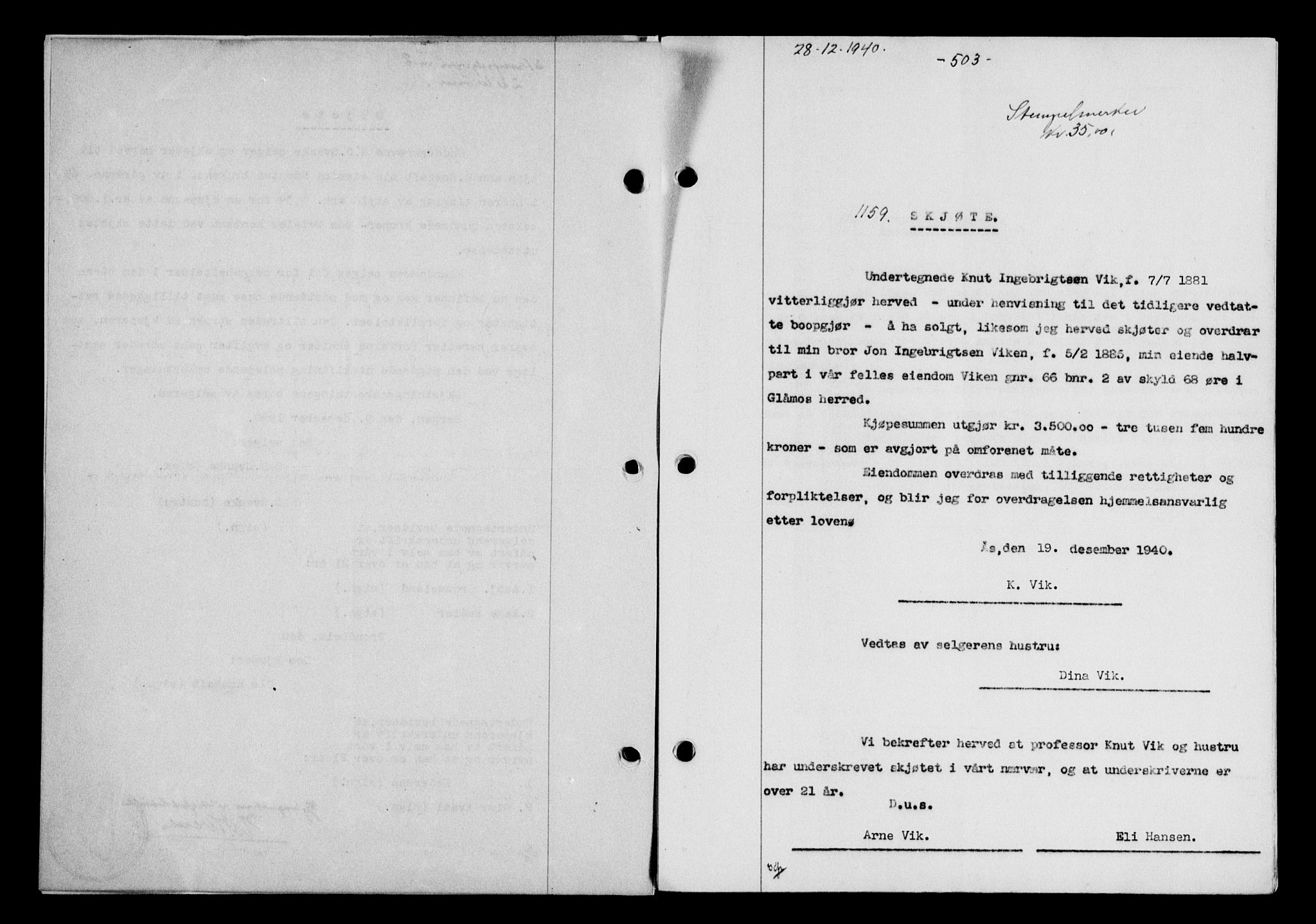 Gauldal sorenskriveri, SAT/A-0014/1/2/2C/L0052: Pantebok nr. 57, 1940-1941, Dagboknr: 1159/1940