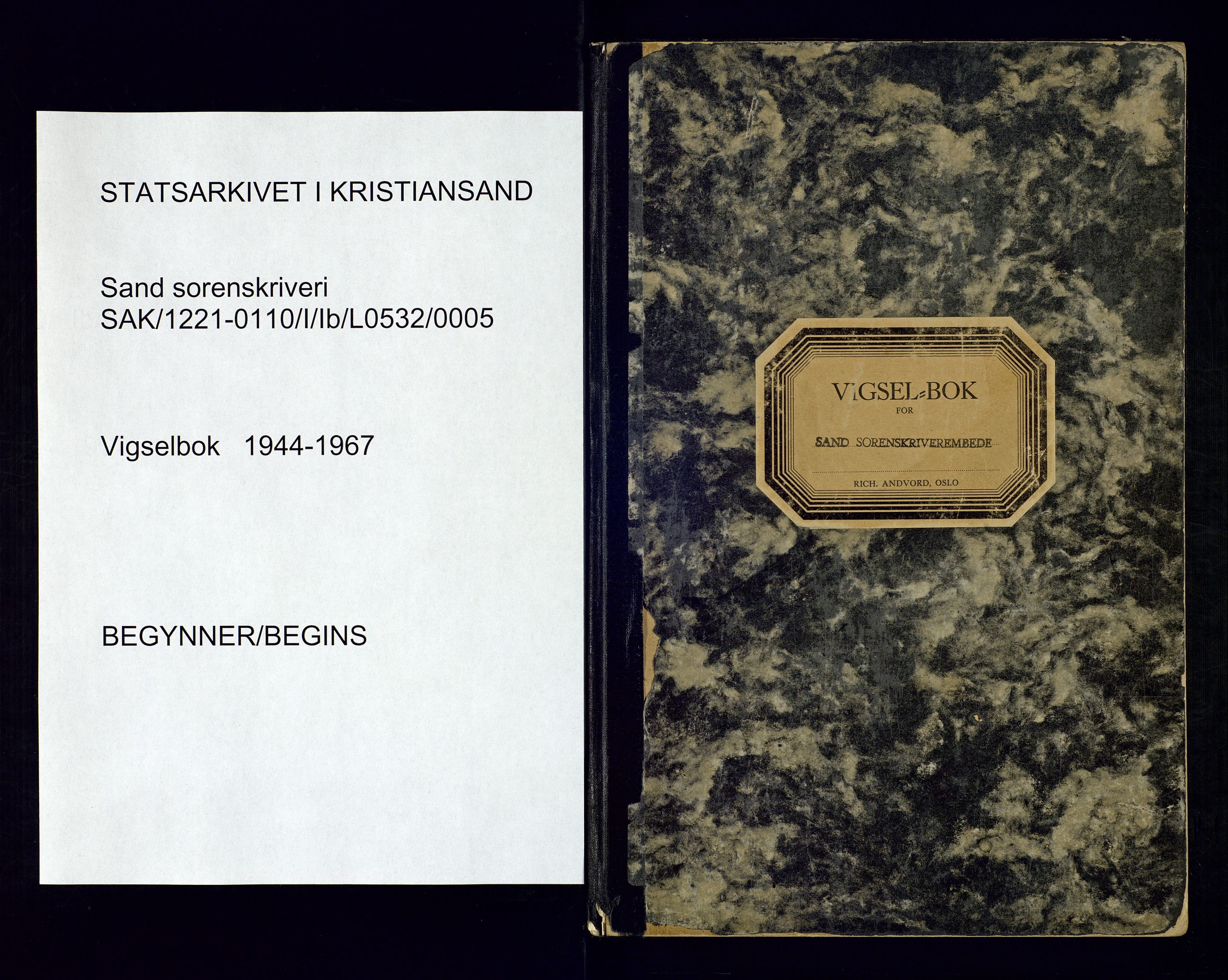 Sand sorenskriveri - 2, AV/SAK-1221-0110/I/Ib/L0532/0005: Lysning og vigsel / Vigselbok for Sand sorenskriverembete, 1944-1967