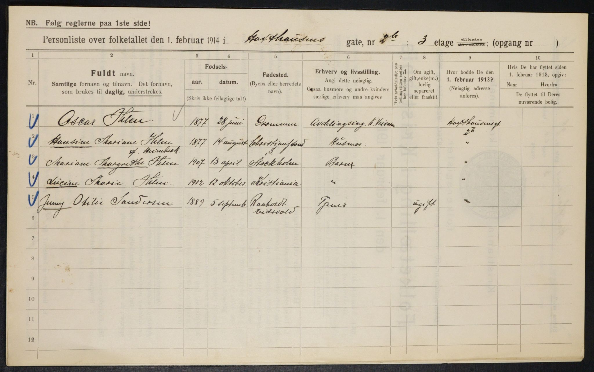 OBA, Kommunal folketelling 1.2.1914 for Kristiania, 1914, s. 35585