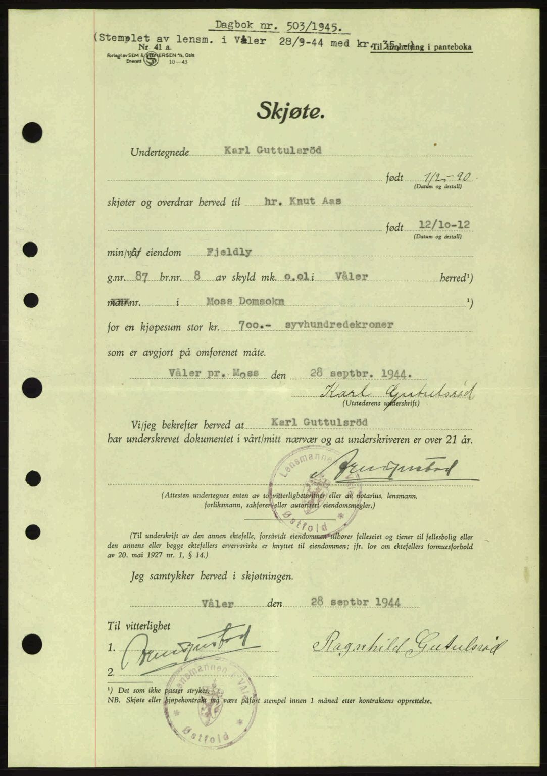 Moss sorenskriveri, SAO/A-10168: Pantebok nr. A13, 1944-1945, Dagboknr: 503/1945