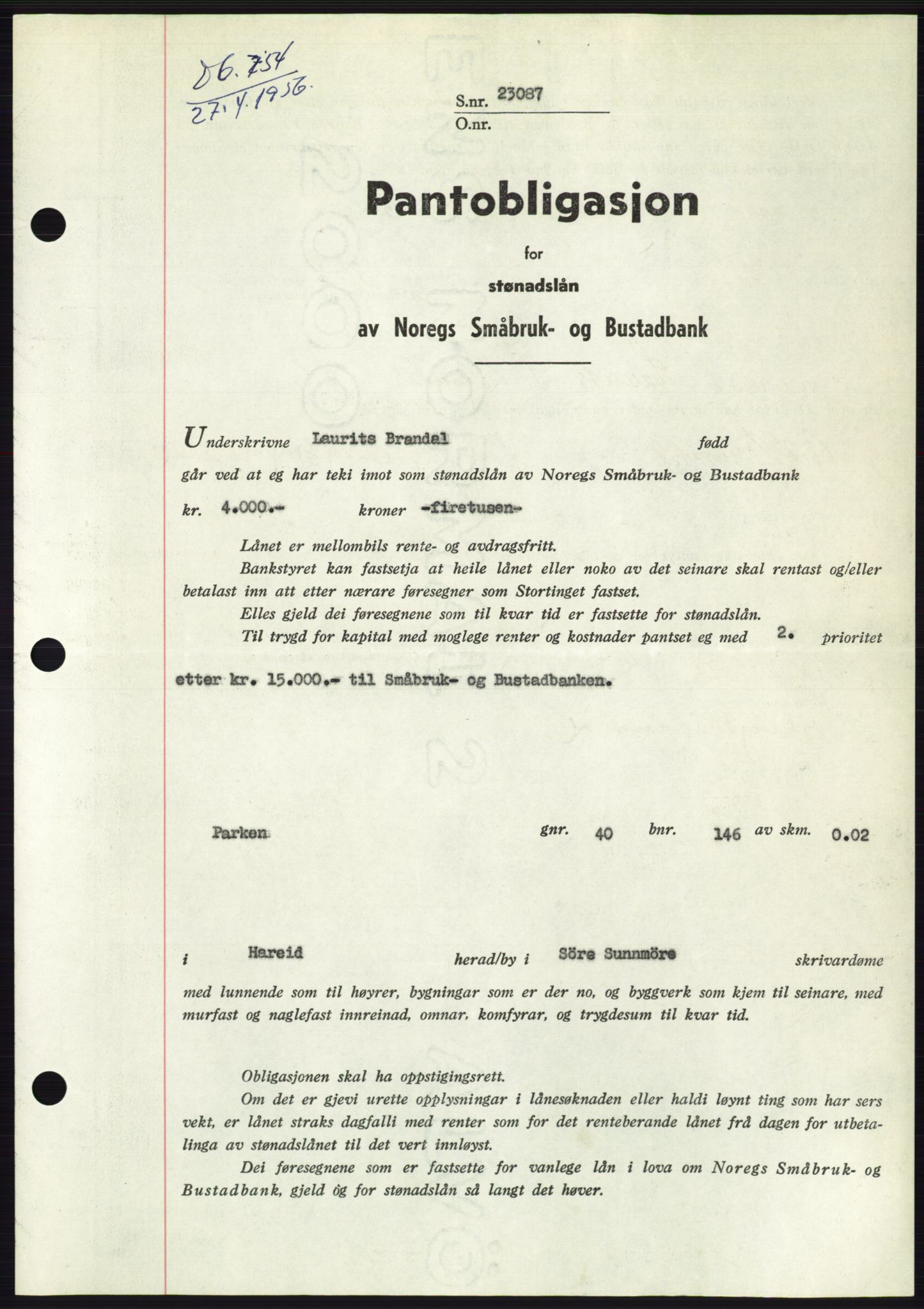 Søre Sunnmøre sorenskriveri, SAT/A-4122/1/2/2C/L0128: Pantebok nr. 16B, 1956-1956, Dagboknr: 754/1956