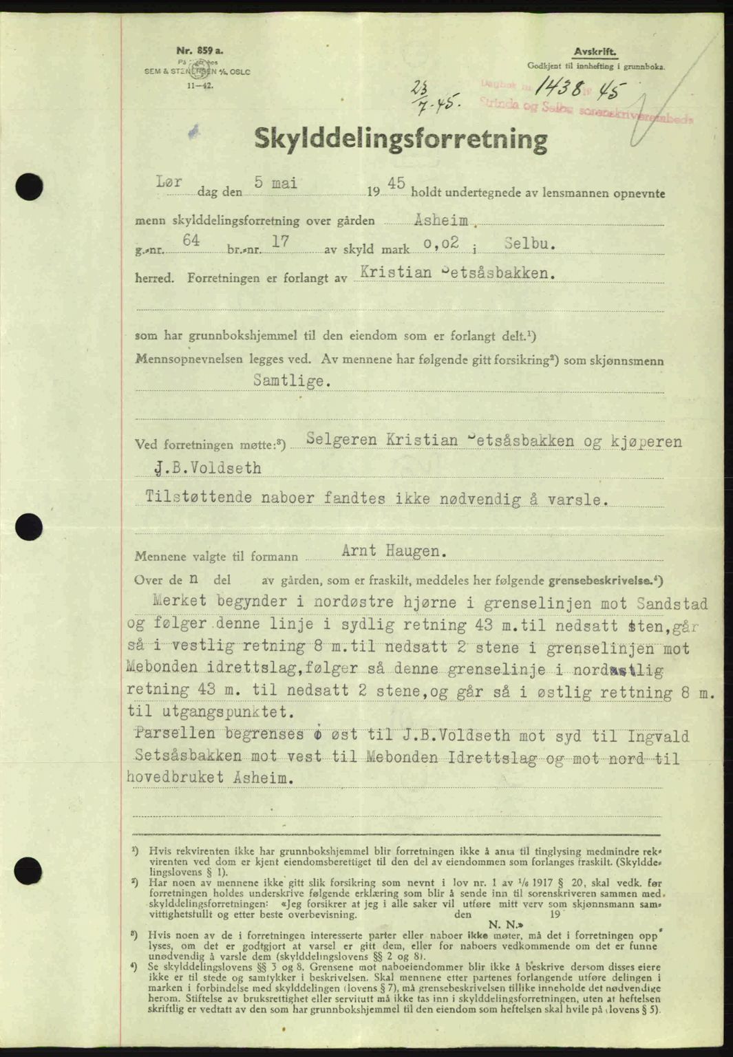 Strinda og Selbu sorenskriveri, SAT/A-0015/2/2C: Pantebok nr. A9, 1944-1945, Dagboknr: 1438/1945