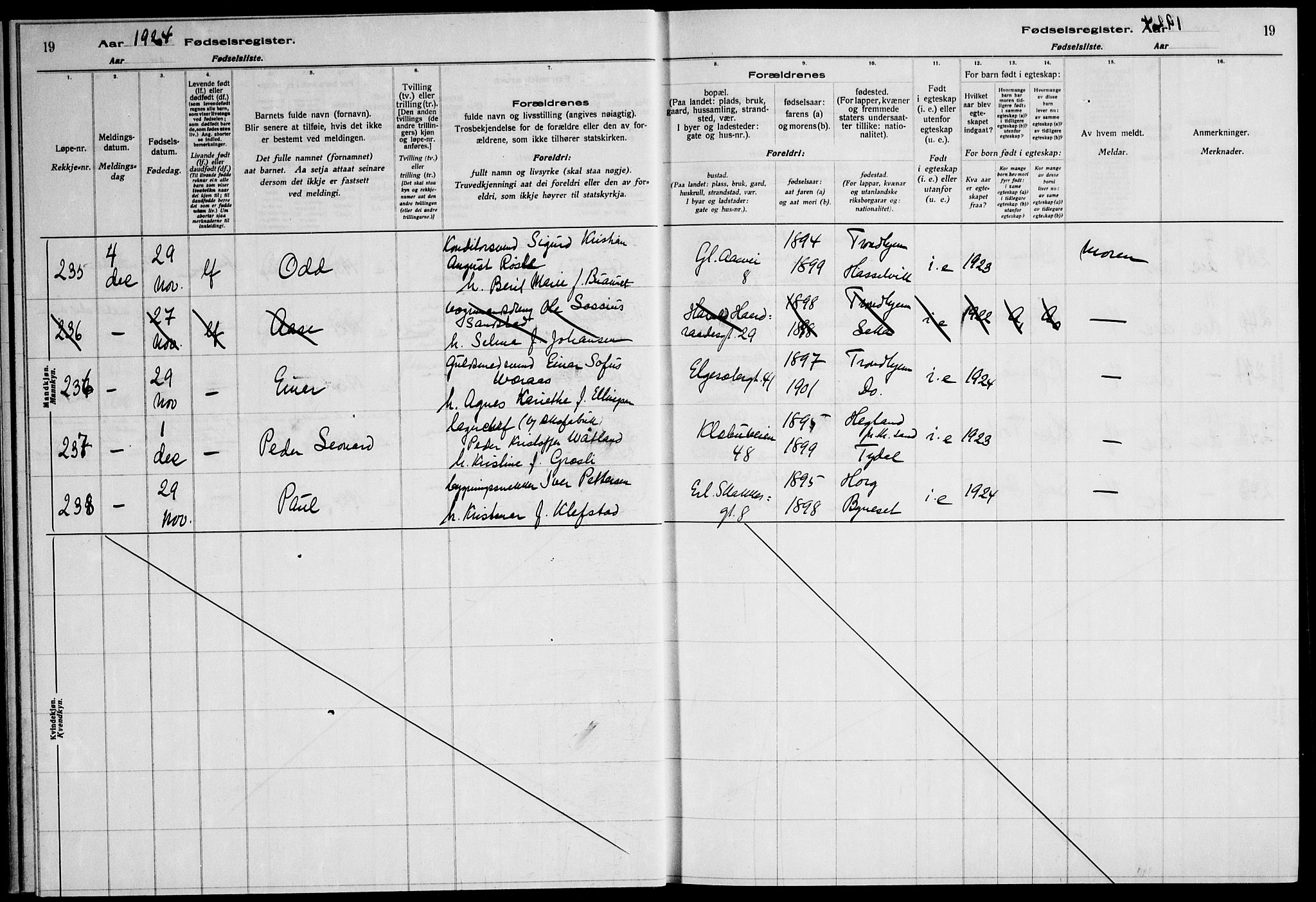 Ministerialprotokoller, klokkerbøker og fødselsregistre - Sør-Trøndelag, SAT/A-1456/600/L0004: Fødselsregister nr. 600.II.4.3, 1924-1928, s. 19