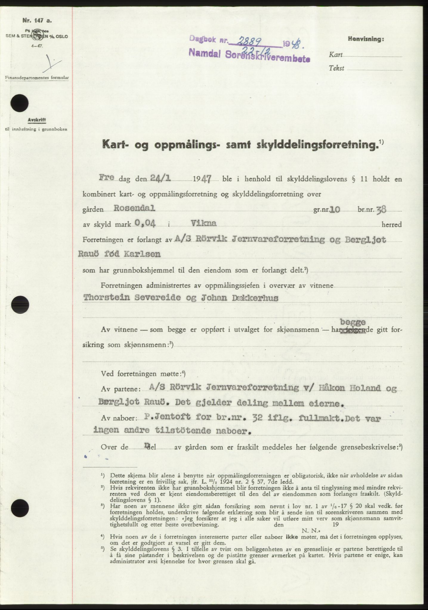 Namdal sorenskriveri, SAT/A-4133/1/2/2C: Pantebok nr. -, 1948-1948, Dagboknr: 2889/1948