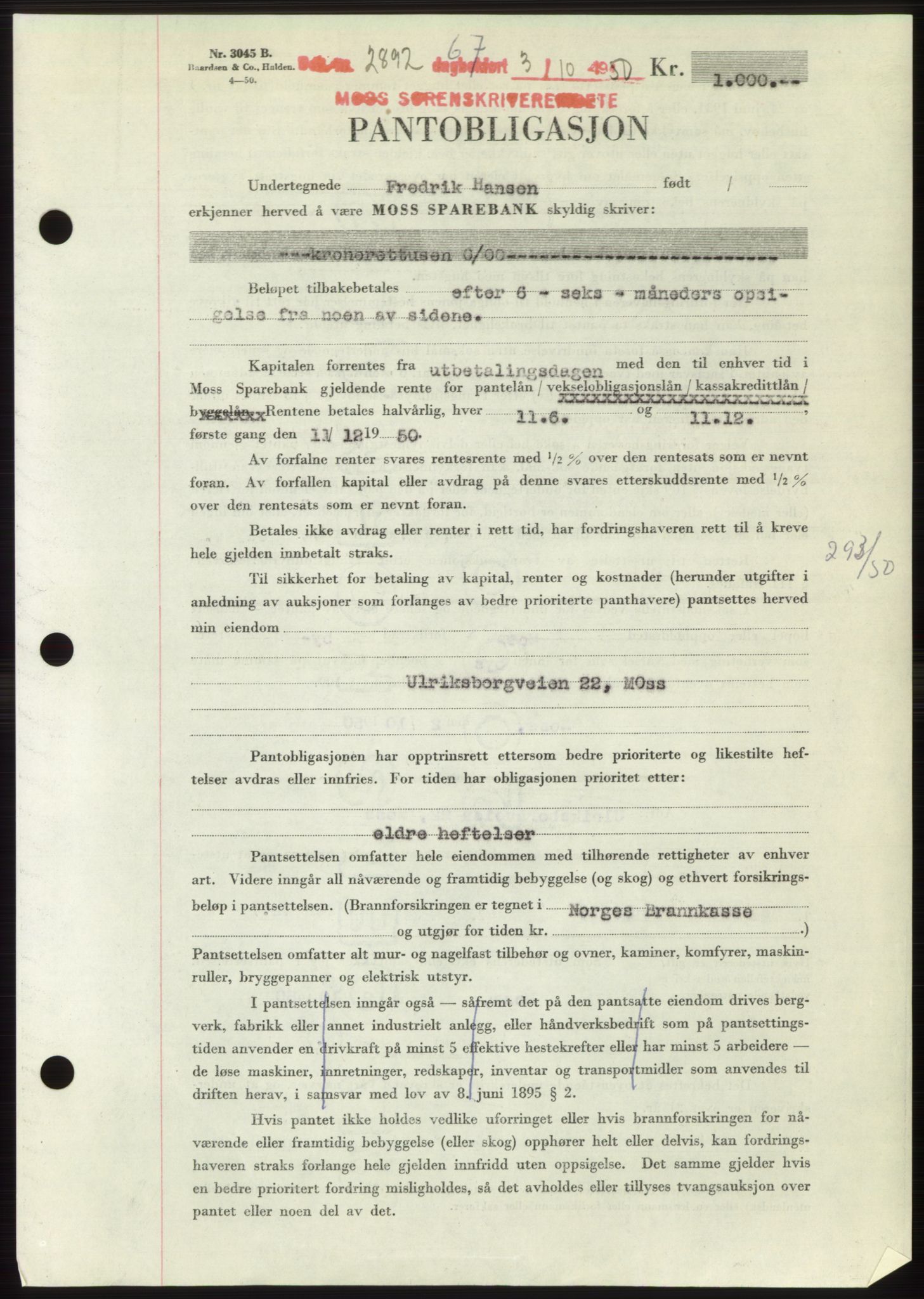 Moss sorenskriveri, SAO/A-10168: Pantebok nr. B25, 1950-1950, Dagboknr: 2892/1950