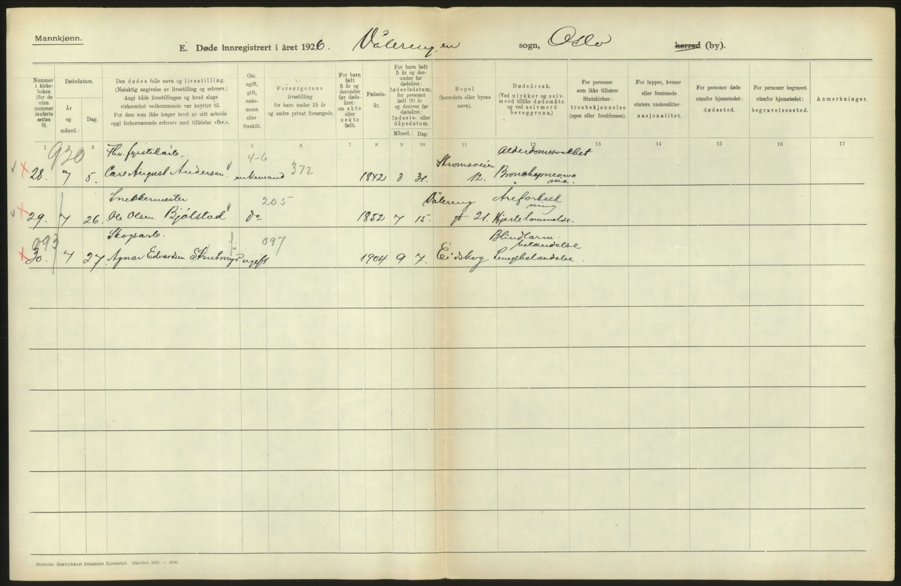 Statistisk sentralbyrå, Sosiodemografiske emner, Befolkning, AV/RA-S-2228/D/Df/Dfc/Dfcf/L0009: Oslo: Døde menn, 1926, s. 350