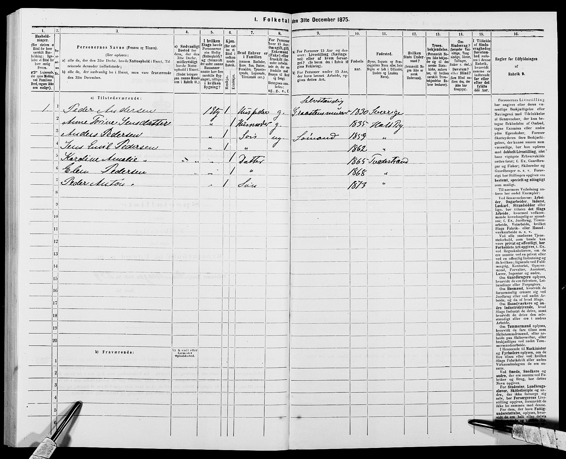 SAK, Folketelling 1875 for 0902B Holt prestegjeld, Tvedestrand ladested, 1875, s. 189