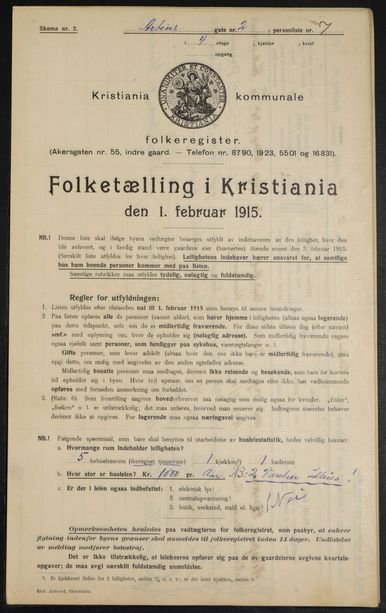 OBA, Kommunal folketelling 1.2.1915 for Kristiania, 1915, s. 1480