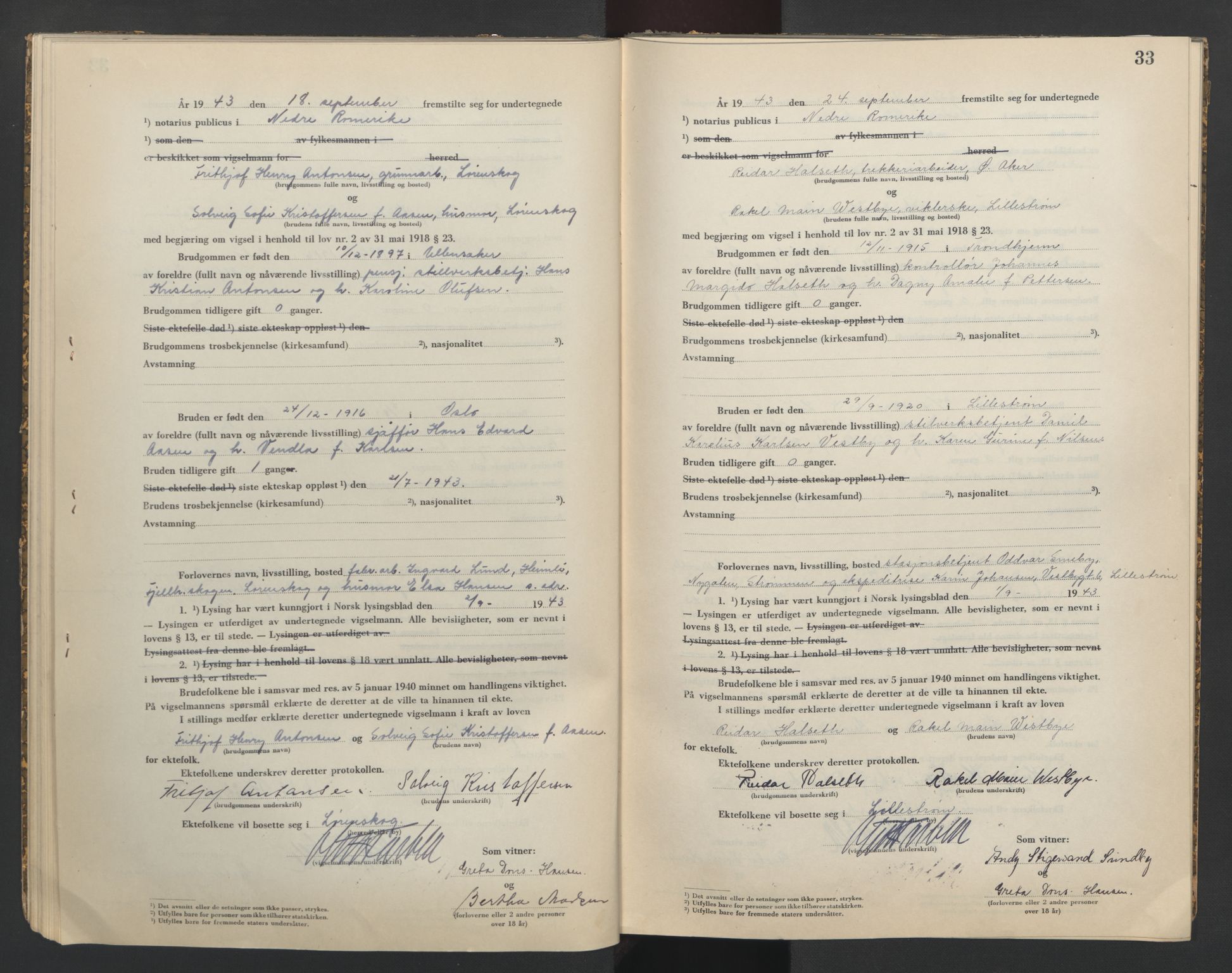Nedre Romerike sorenskriveri, SAO/A-10469/L/Lb/L0004: Vigselsbok - borgerlige vielser, 1943-1944, s. 33