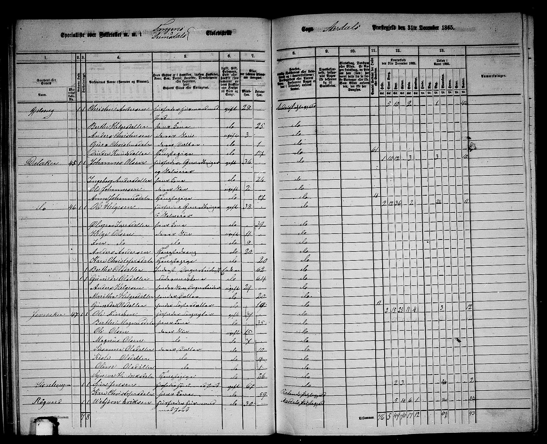 RA, Folketelling 1865 for 1424P Årdal prestegjeld, 1865, s. 45