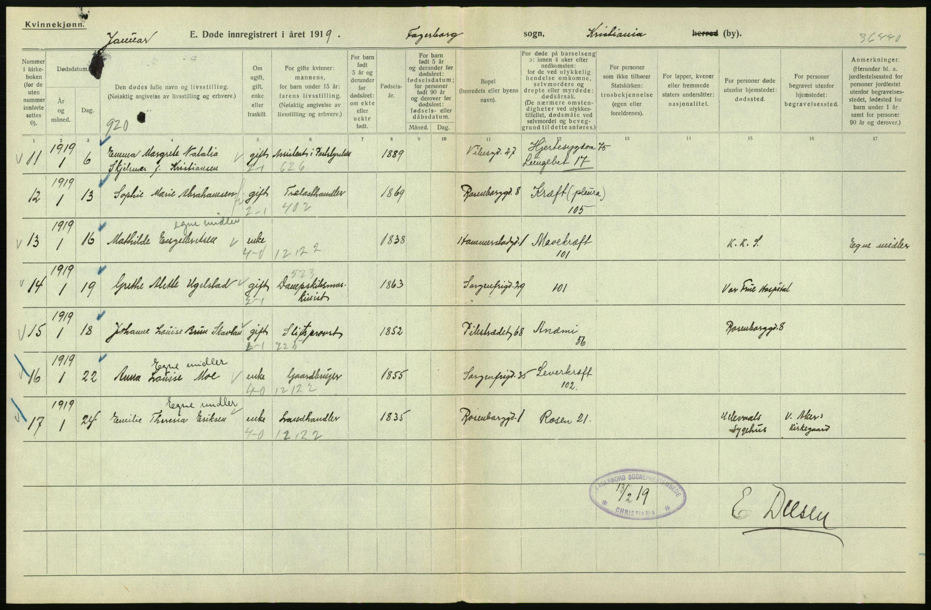 Statistisk sentralbyrå, Sosiodemografiske emner, Befolkning, AV/RA-S-2228/D/Df/Dfb/Dfbi/L0011: Kristiania: Døde, dødfødte, 1919