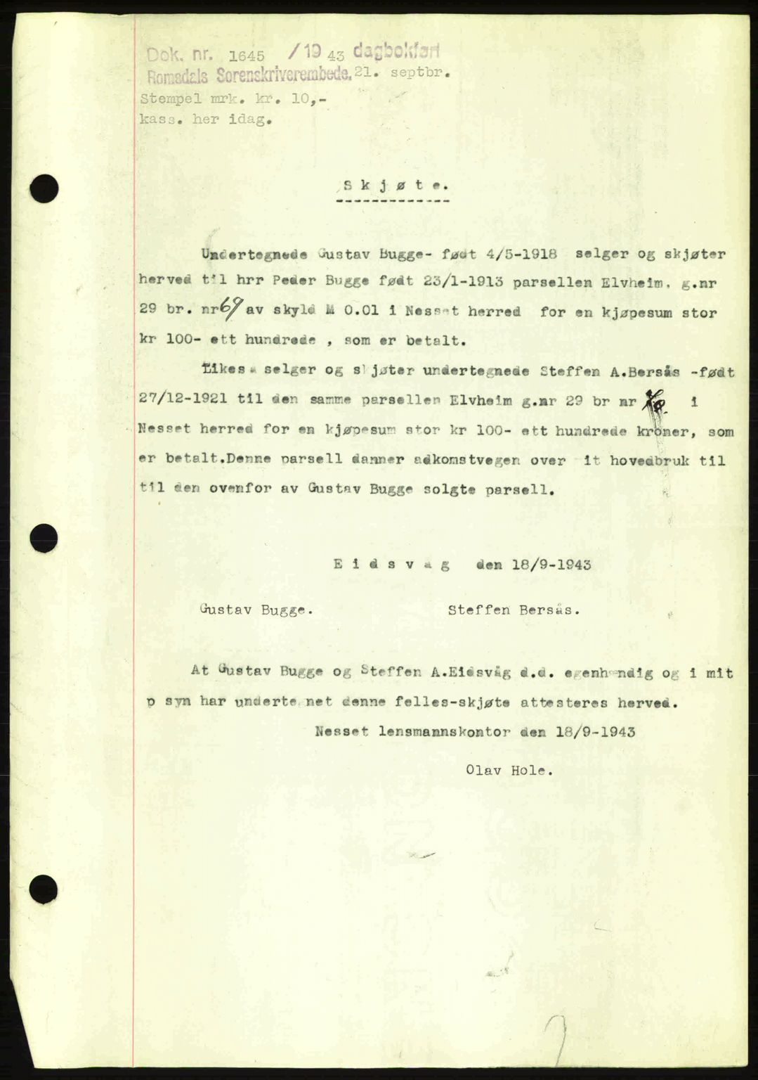 Romsdal sorenskriveri, SAT/A-4149/1/2/2C: Pantebok nr. A14, 1943-1943, Dagboknr: 1645/1943