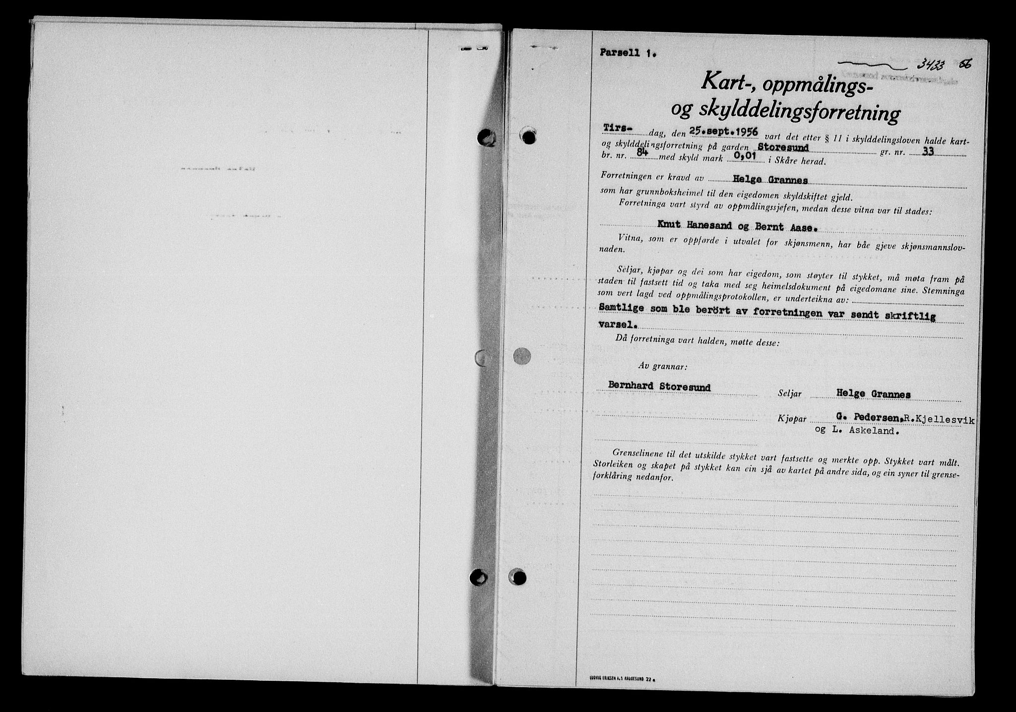Karmsund sorenskriveri, SAST/A-100311/01/II/IIB/L0121: Pantebok nr. 101A, 1956-1956, Dagboknr: 3433/1956