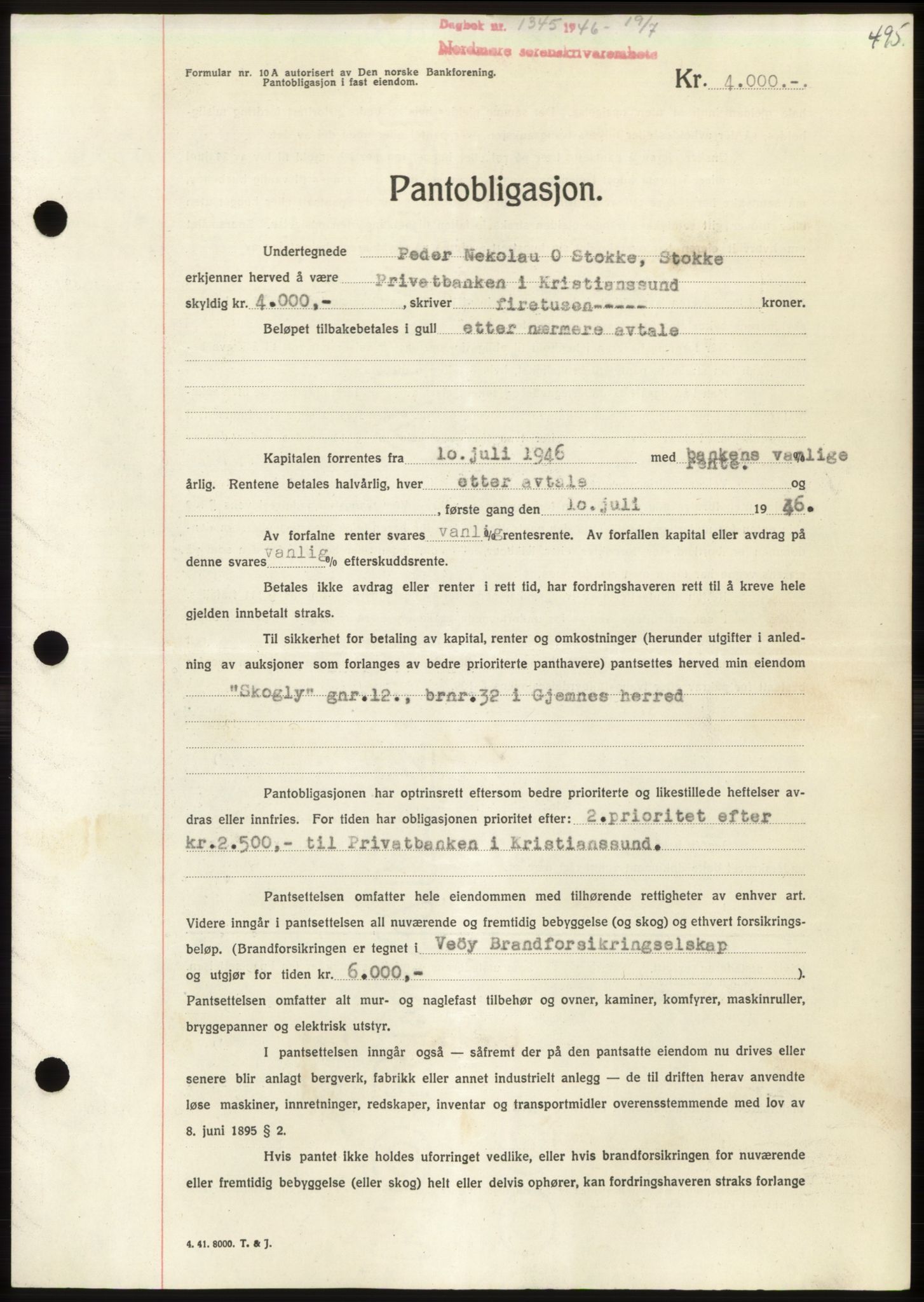 Nordmøre sorenskriveri, SAT/A-4132/1/2/2Ca: Pantebok nr. B94, 1946-1946, Dagboknr: 1345/1946