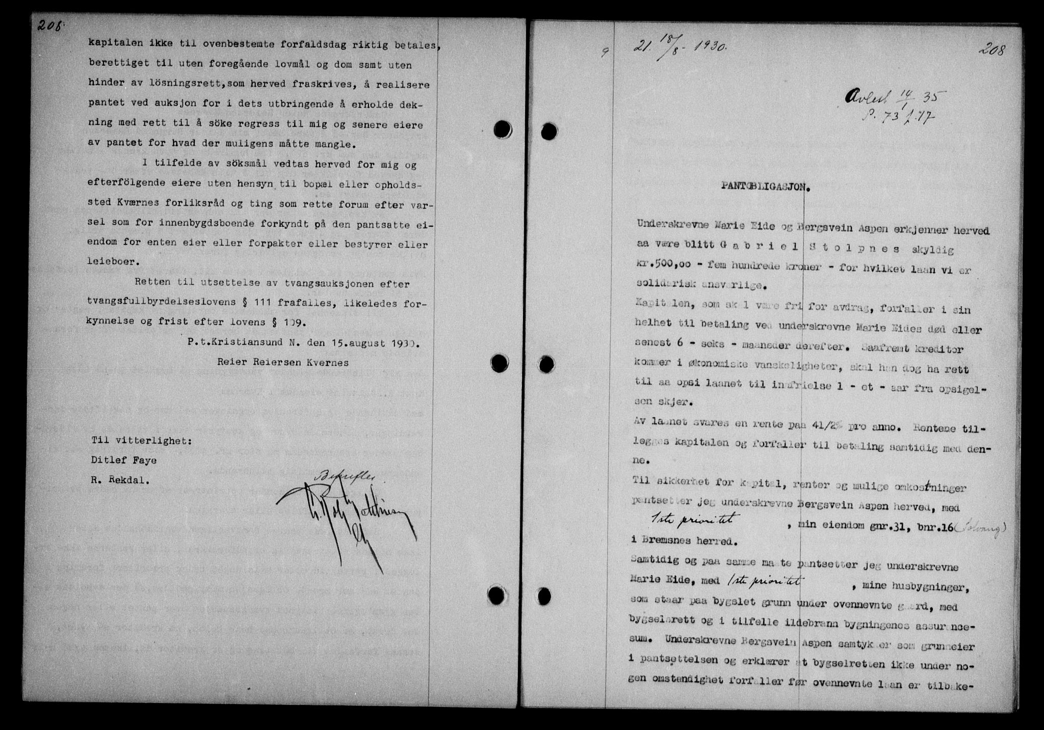 Nordmøre sorenskriveri, AV/SAT-A-4132/1/2/2Ca/L0070: Pantebok nr. 60, 1930-1930, Tingl.dato: 18.08.1930