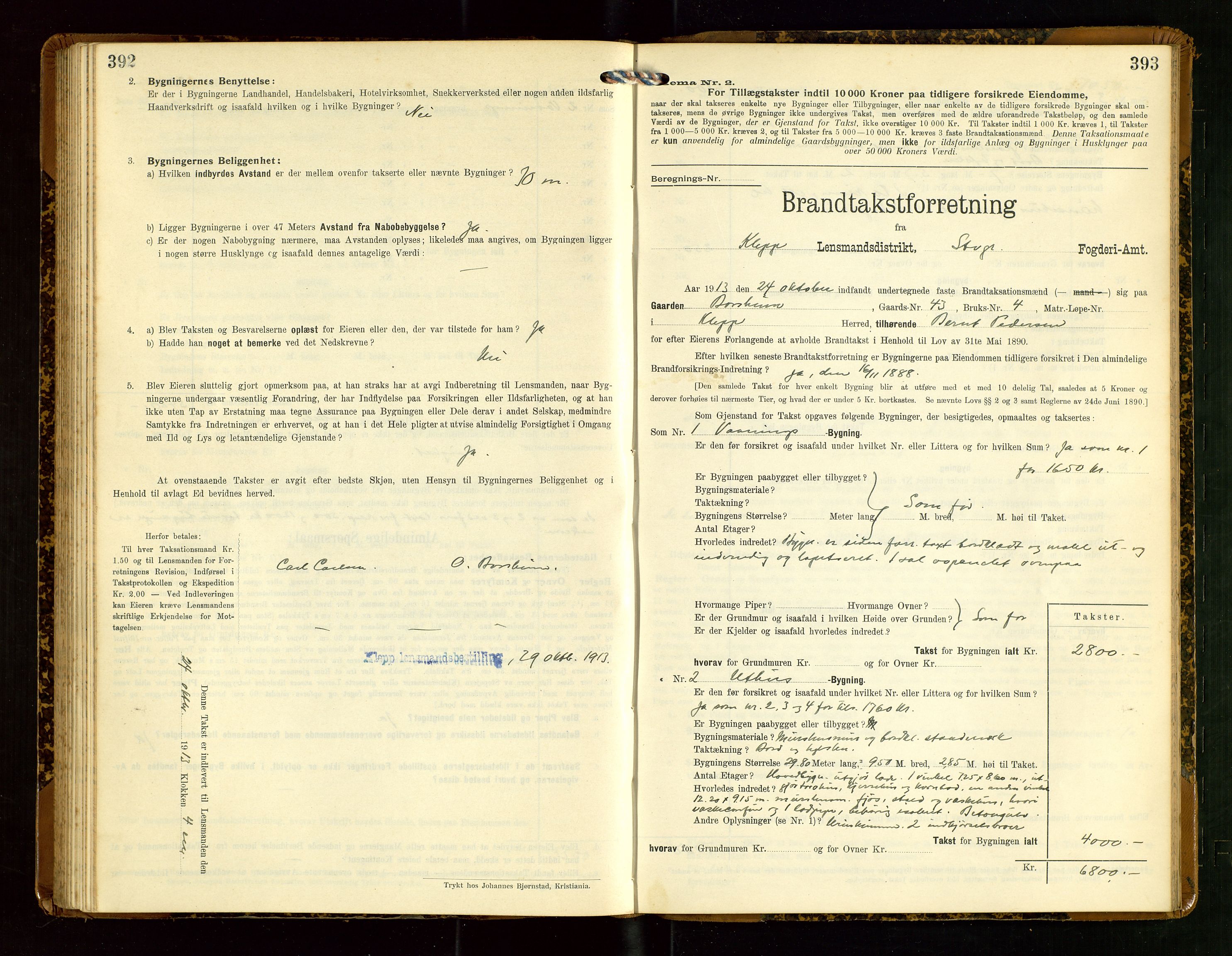 Klepp lensmannskontor, AV/SAST-A-100163/Goc/L0007: "Brandtaxationsprotokol" m/register, 1911-1915, s. 392-393