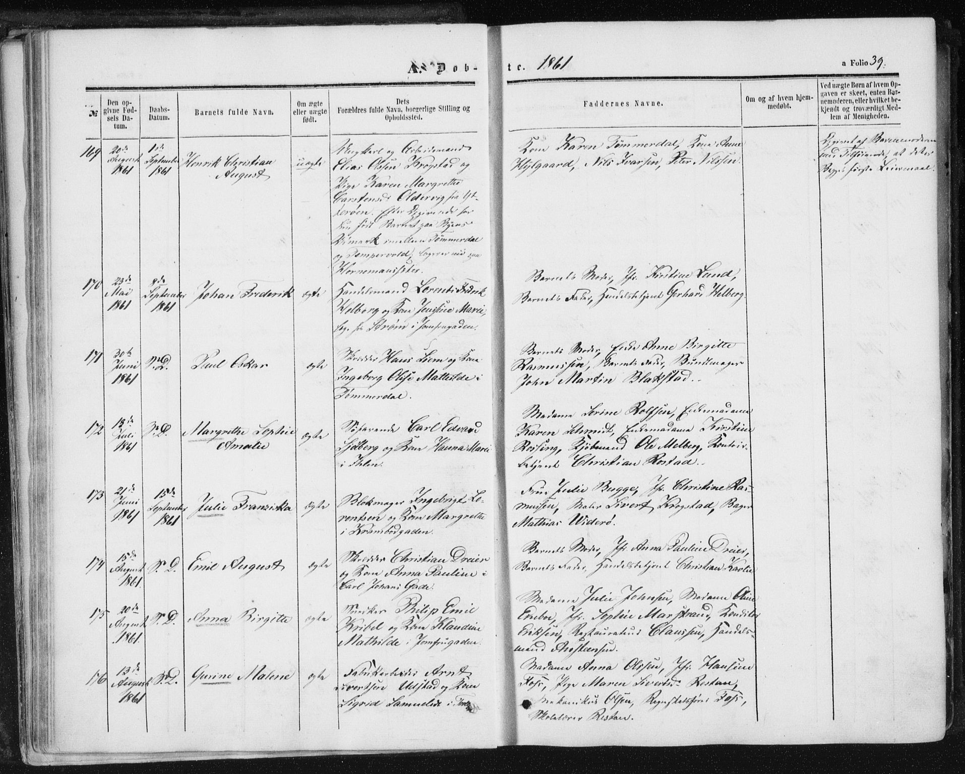 Ministerialprotokoller, klokkerbøker og fødselsregistre - Sør-Trøndelag, SAT/A-1456/602/L0115: Ministerialbok nr. 602A13, 1860-1872, s. 39