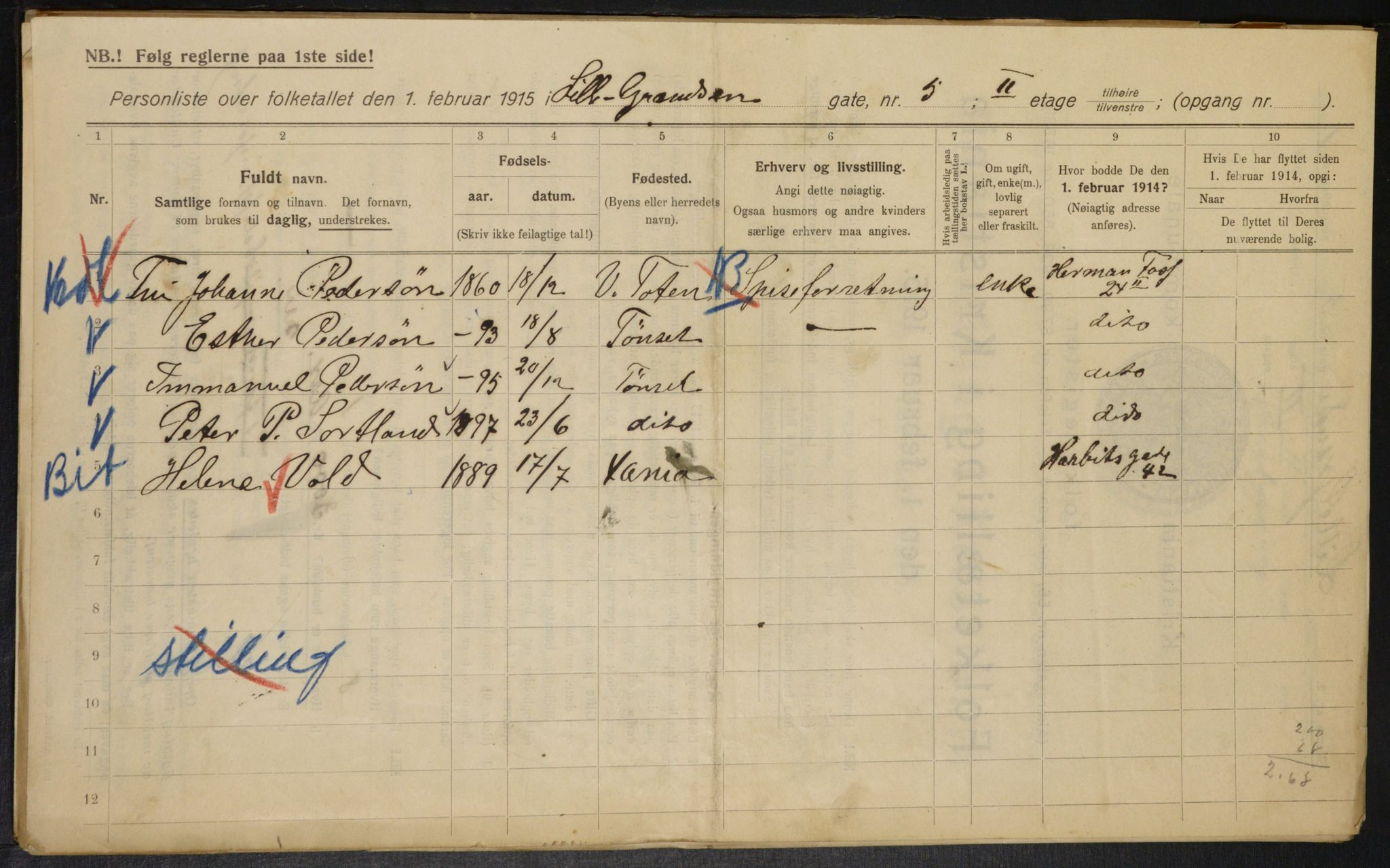 OBA, Kommunal folketelling 1.2.1915 for Kristiania, 1915, s. 57047