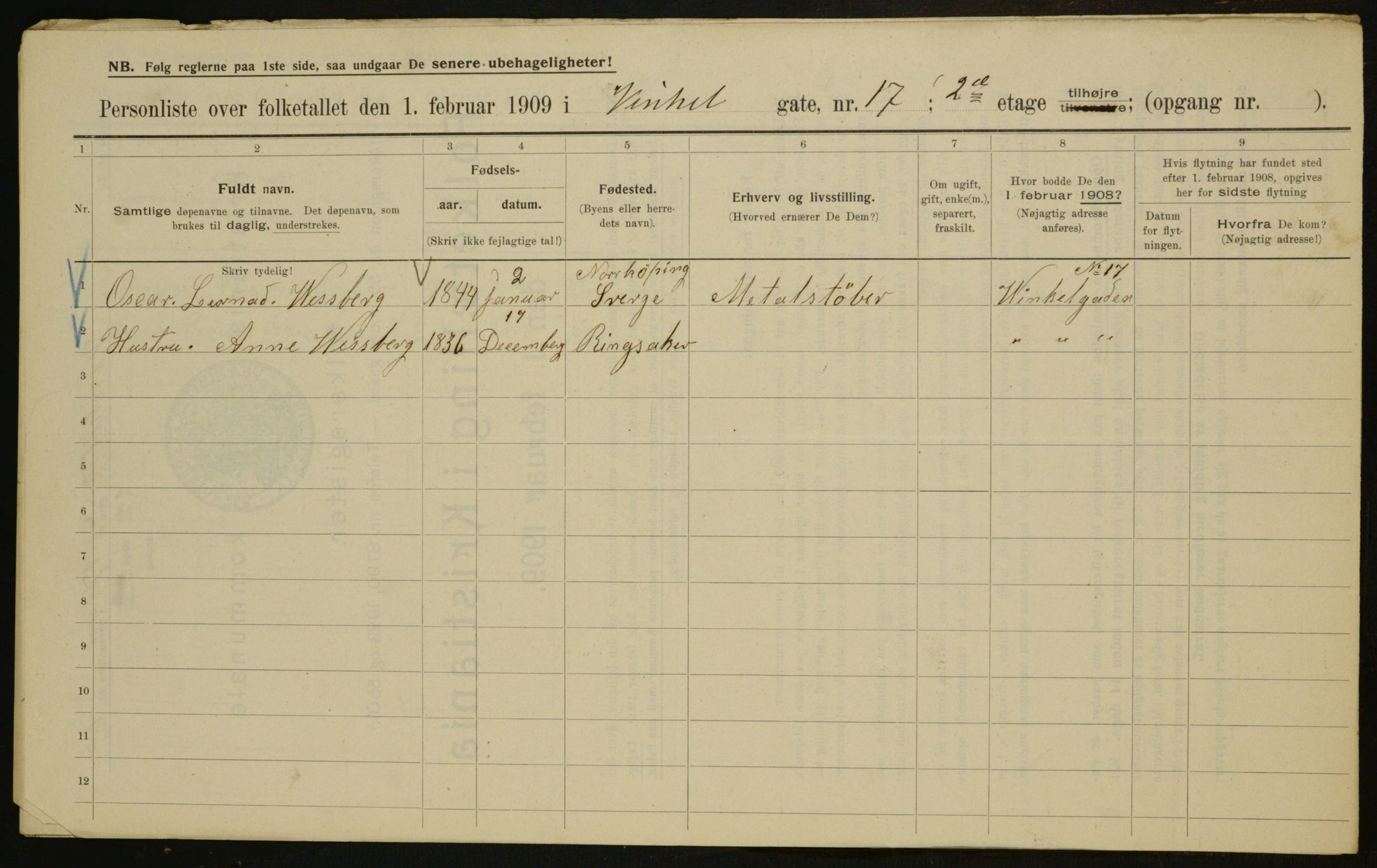 OBA, Kommunal folketelling 1.2.1909 for Kristiania kjøpstad, 1909, s. 112724