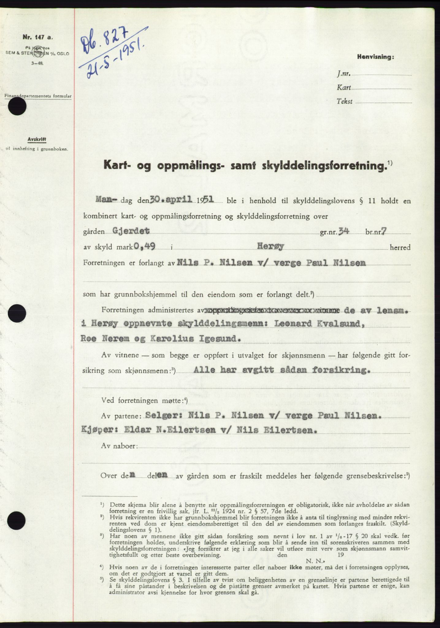 Søre Sunnmøre sorenskriveri, SAT/A-4122/1/2/2C/L0089: Pantebok nr. 15A, 1951-1951, Dagboknr: 827/1951