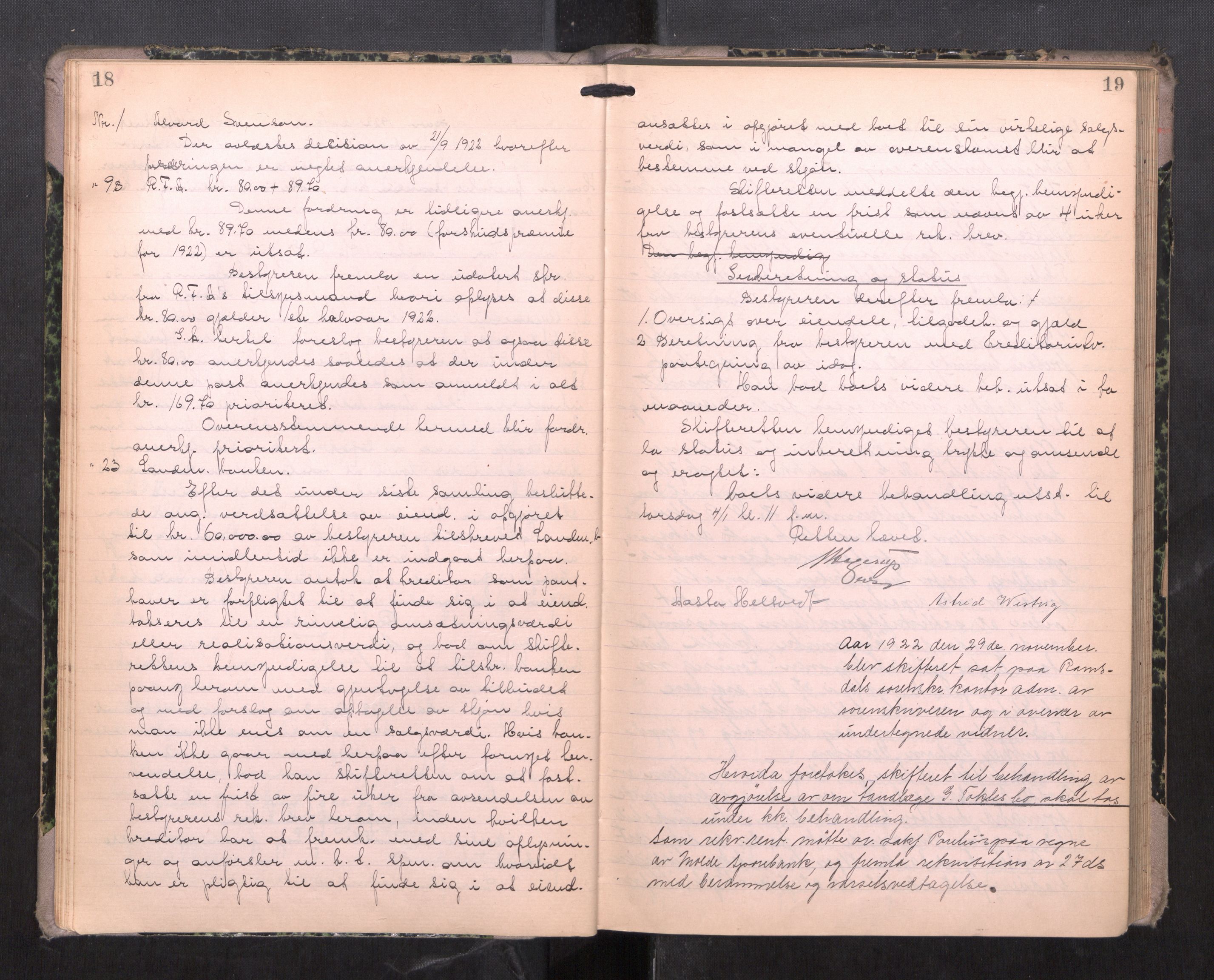 Romsdal sorenskriveri, AV/SAT-A-4149/1/3/3B/L0009: Skiftebehandlingsprotokoll, 1922-1928, s. 18-19